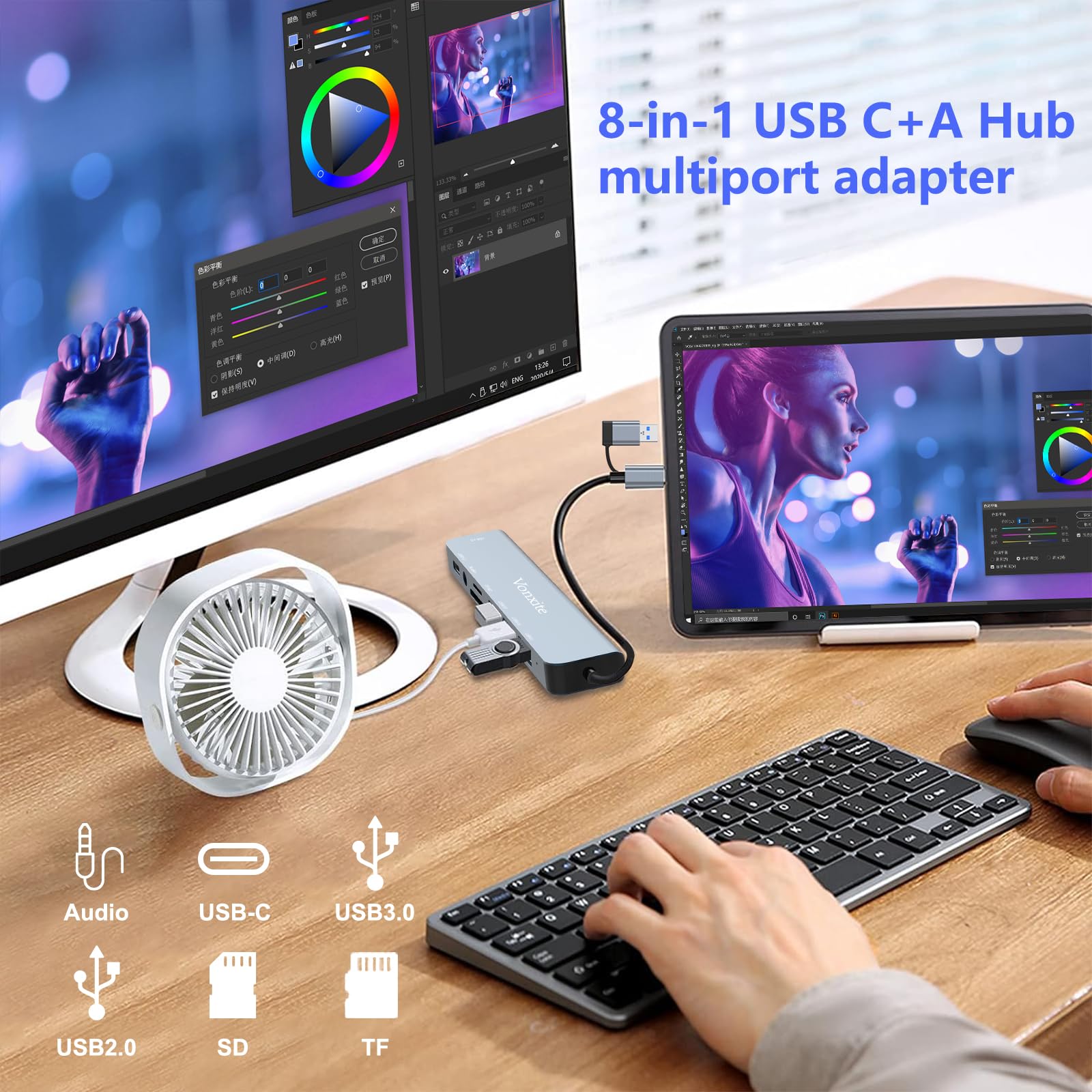 USB C Adapter 8 in 1, USB Hub Multiport Adapter with Type C Data Ports, USB-A 3.0, 3*U SB 2.0, SD/TF Card Reader - Image 2