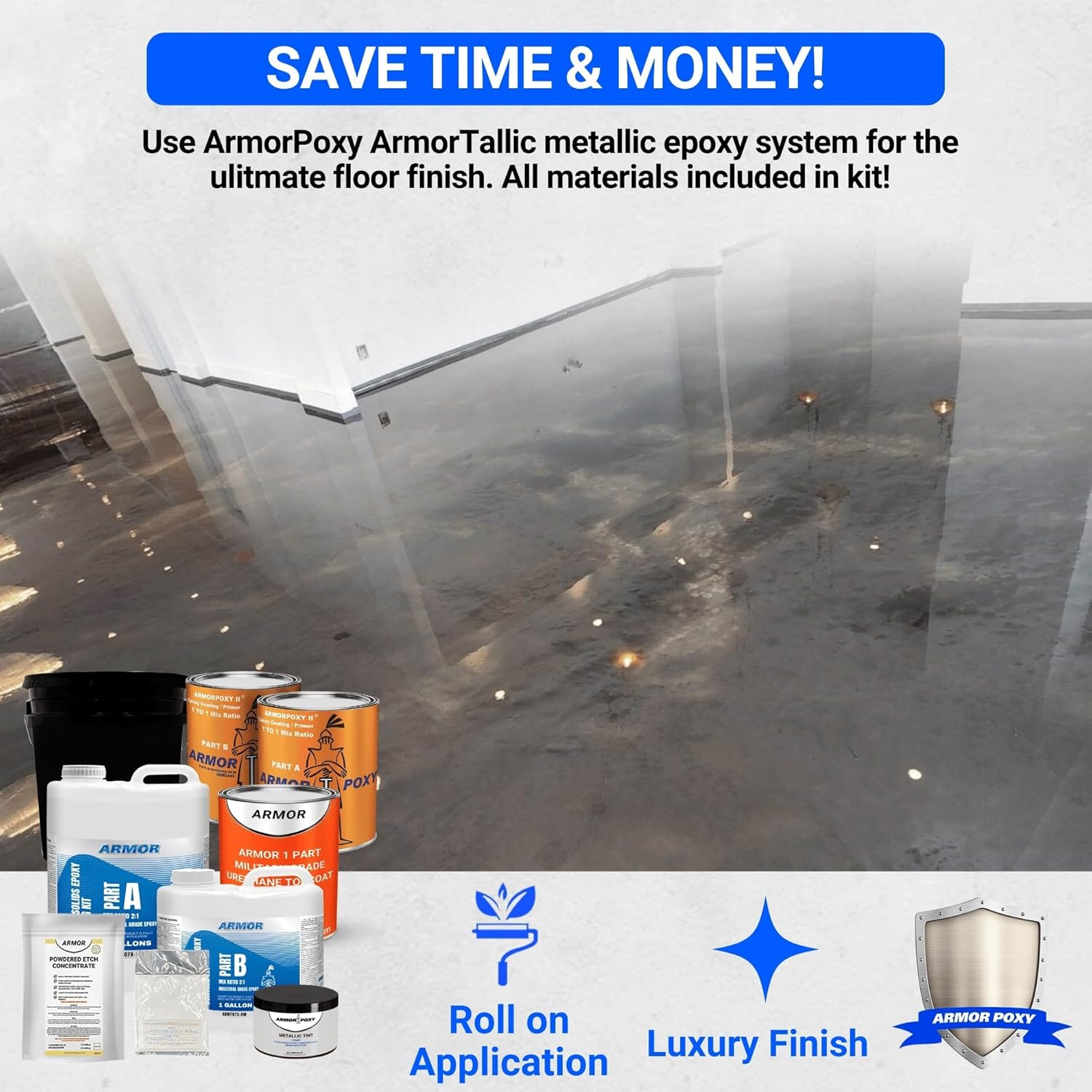 ArmorPoxy Metallic Epoxy Complete Floor Kit – 100% Solids DIY Garage Floor Coating – Customizable Colors & Designs – Durable, High-Gloss Finish (Dolphin, 600 Sq Ft)