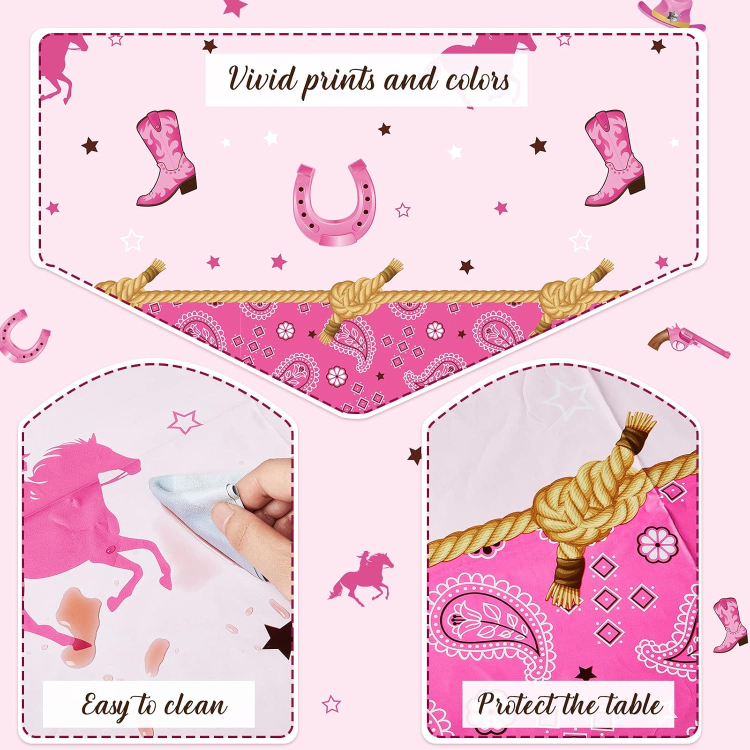 Tudomro Western Cowgirl Birthday Party Table Cover Bandana Tablecloth, Pink Horse Cowgirl Theme Table Cover for Wild West Rodeo Birthday Baby Shower Decorations(2 Pack)