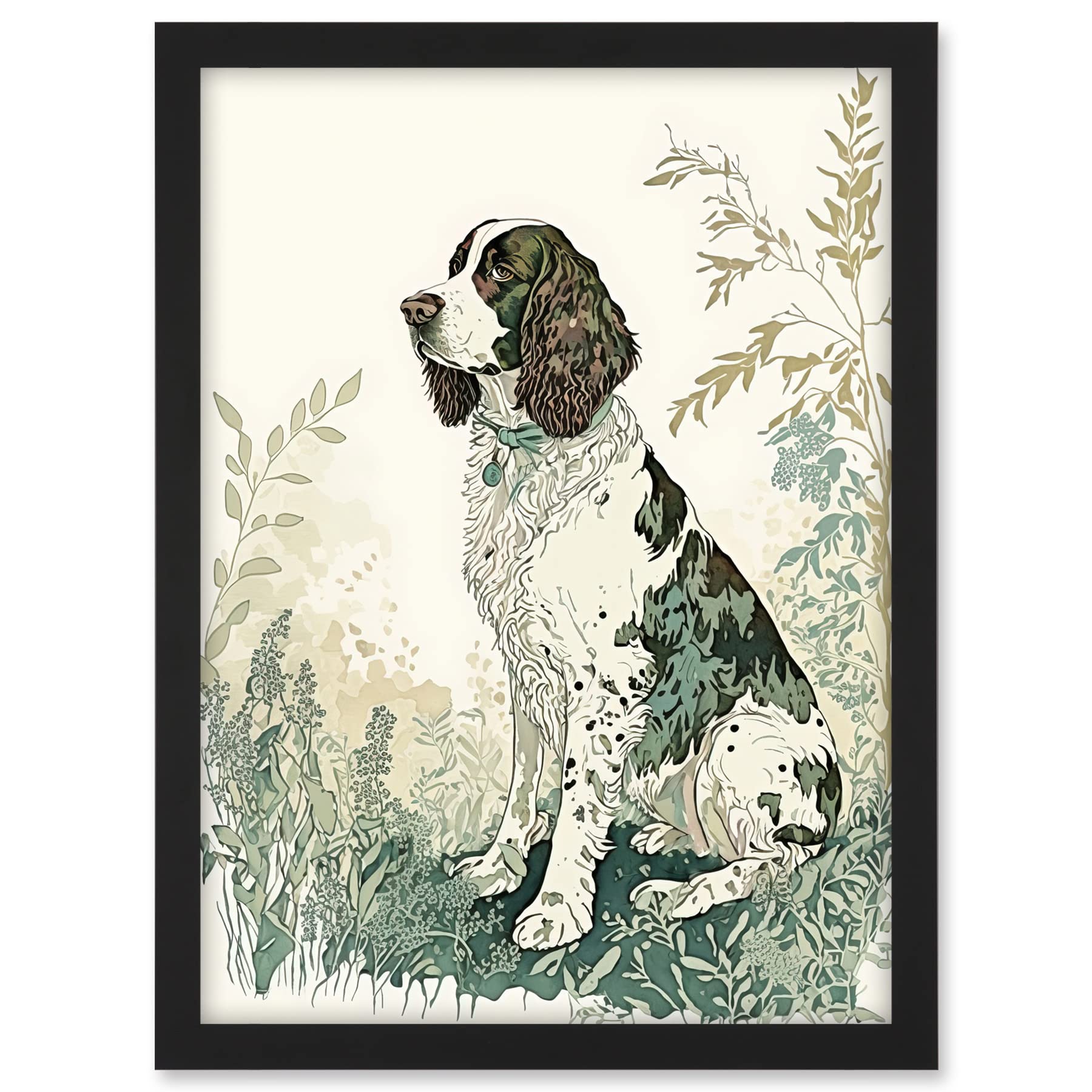 Artery8 English Springer Spaniel Dog in Field Modern Pastel Watercolour Illustration Artwork Framed A3 Wall Art Print