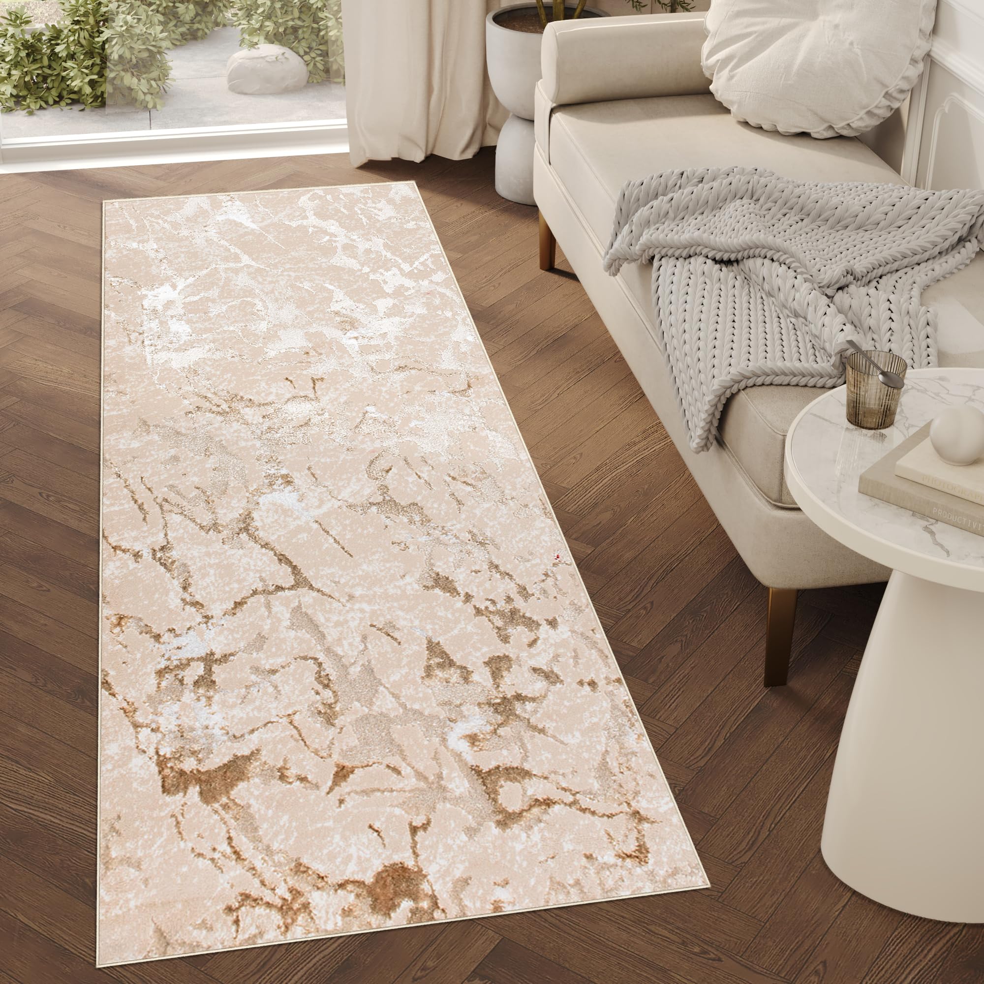 TAPISO Crystal Läufer Teppich Glänzend Beige Gold Creme Marmoreffekt Abstrakt Wohnzimmer Schlafzimmer Flur Korridor Modern Design ÖKO-TEX 80 x 200 cm