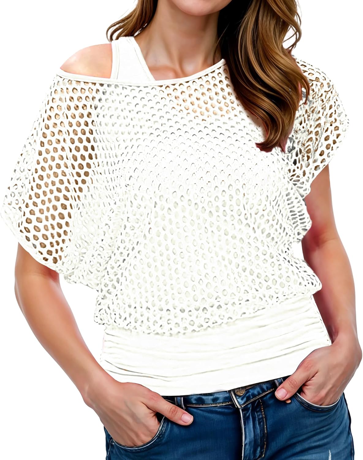 WILDPARTY Women Casual Sexy 80s Costumes Fishnet Neon Off Shoulder T-Shirt Two Pieces