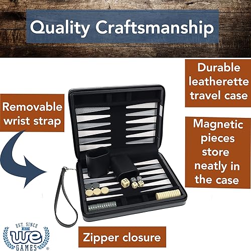Miniatura 3 de WE Games Juego de backgammon, juegos de mesa para adultos, juegos de viaje, negro con rayas grises, tablero magnético de backgammon de cuero Negro