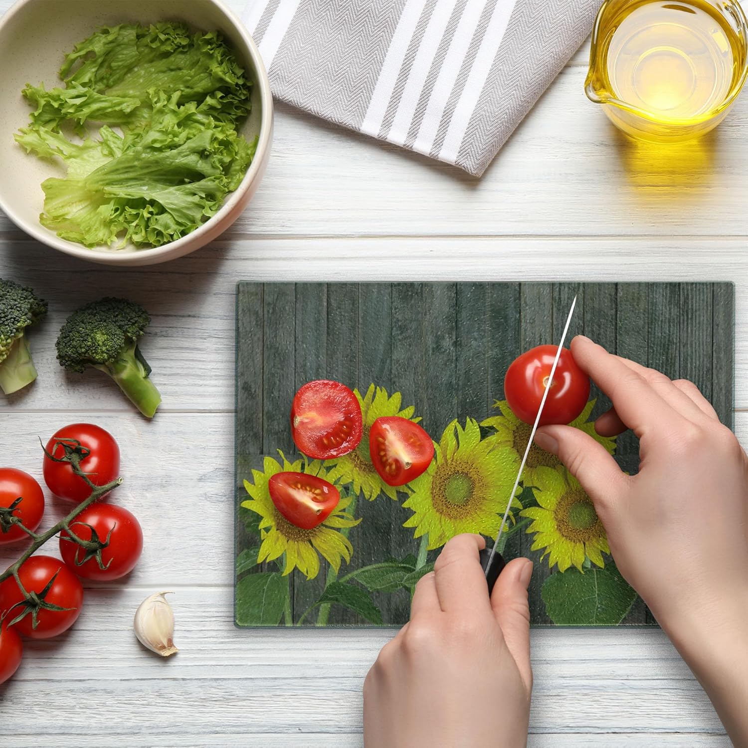 Ambesonne Sunflower Cutting Board, Helianthus Sunflowers Against Weathered Aged Fence Summer Garden Photo, Decorative Tempered Glass Cutting and Serving Board, Small Size, Brown Yellow