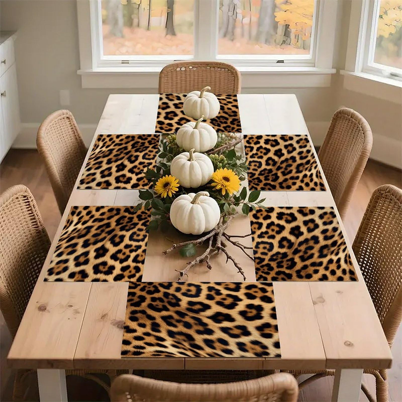 Rough Leopard Print Placemats Wipeable Heat Resistant Table Mats Washable Flax Place Mats Elegant Cloth Non-Slip Placemat for Kitchen Dinning Party Table Decor 12 * 18 in