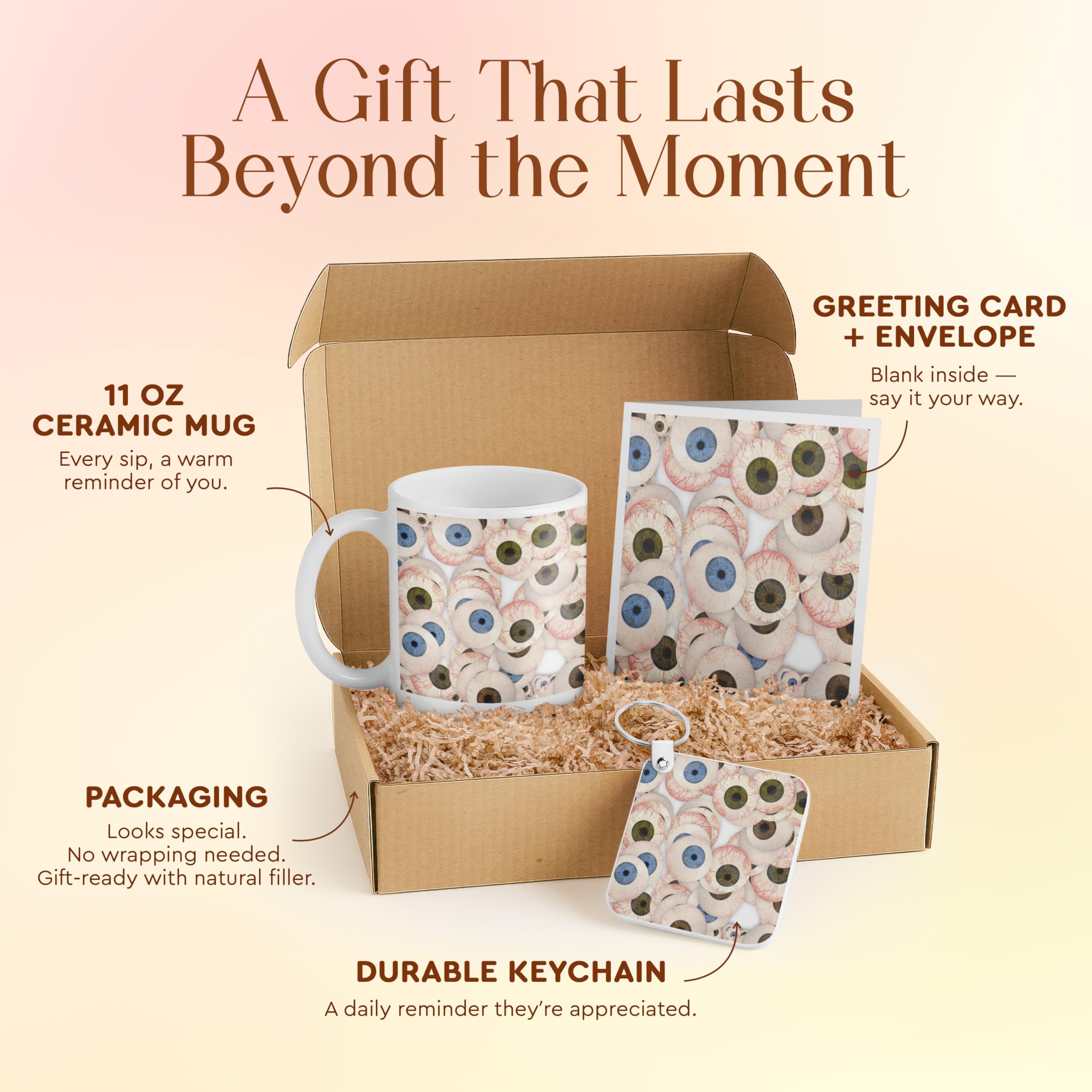 Unique Eyeball Gift Set - Mug, Keychain, and Card with Colorful Eyeball Pattern - Ideal for Friends, Party Favors, and Halloween