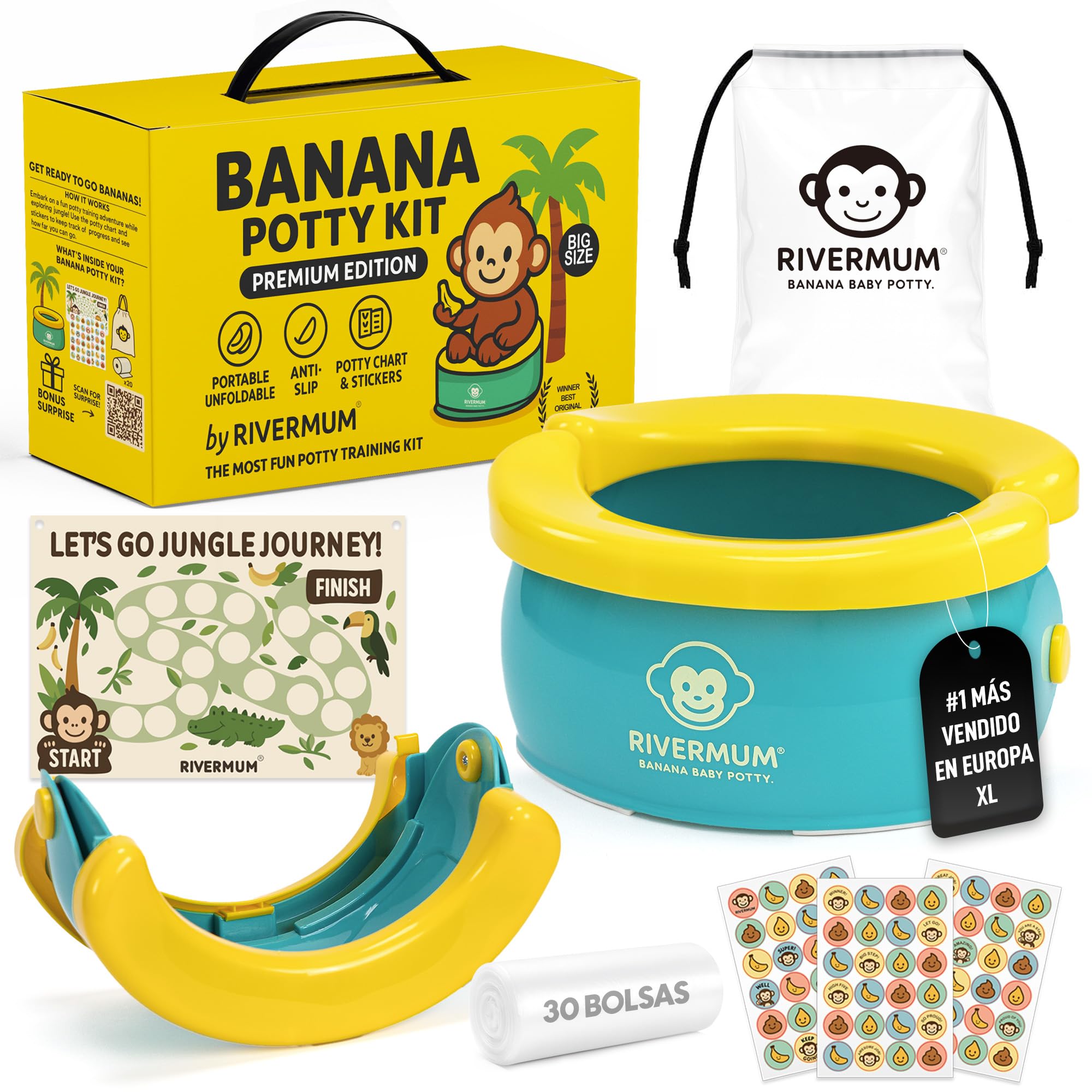 RIVERMUM® Kit Orinal Portatil Niños Plegable Banana XL, Orinal Infantil Pórtatil para viajes o casa, WC Inodoro portatil Niños, Potty Training, Incluye Bolsas, Pegatinas y Cacalendario (VERDE) - 1