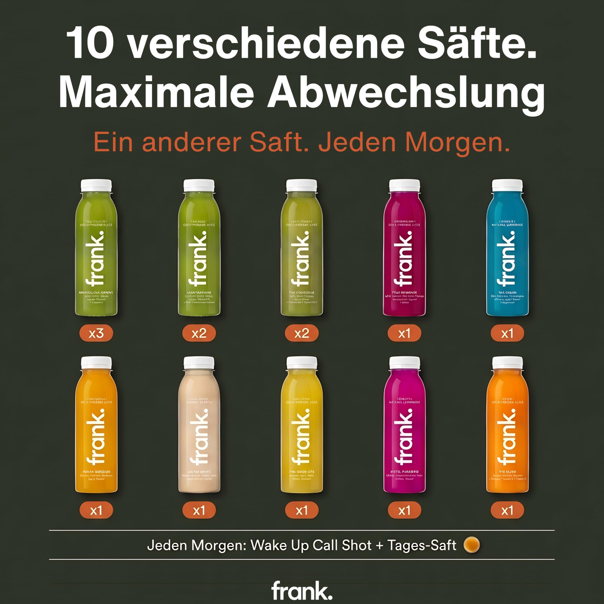 frank. No Breakfast Club 14 Tage Halbtages Saftkur 14 x 330 ml kaltgepresste Säfte 1 x 500 ml Ingwer Shot HPP Direktsaft vegan