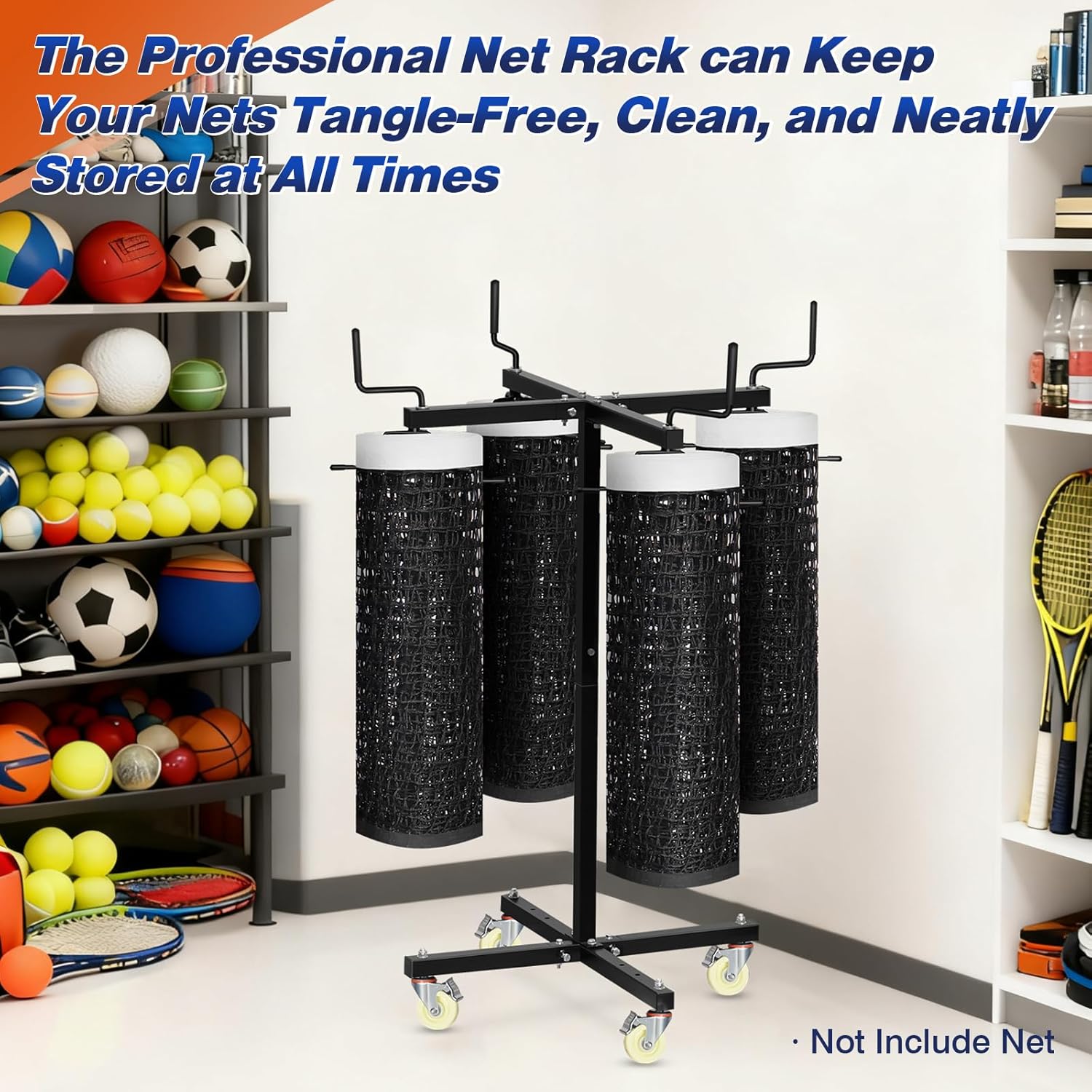 Movable Sports Net Storage Rack with Lockable Wheels, Heavy-Duty Holder for Volleyball, Tennis, Pickleball, Badminton Nets, Space-Saving Support Rack with Swivel Handle & Dust Covers
