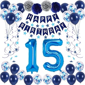 15th Blue Birthday Party Decorations, Happy Birthday Banner, 15 Number Balloons, Blue Star Streamers, Hanging Swirls