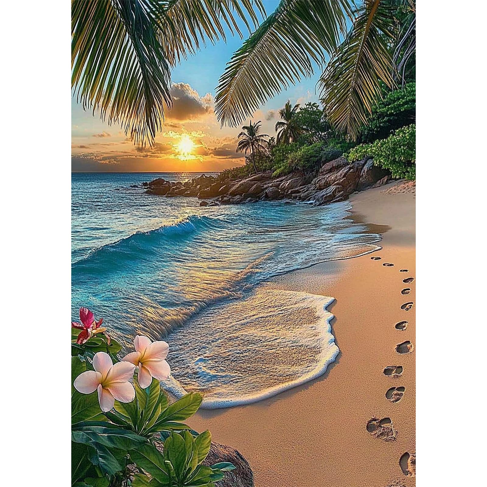 NEWENMO 5D Beautiful Beach Diamond Painting Kits for Adults,Palm Trees and Flowers Diamond Art Kits,DIY Full Drill Crystal Embroidery Gifts,Diamond Art Craft,for Living Room Home Wall Decor-30x40cm
