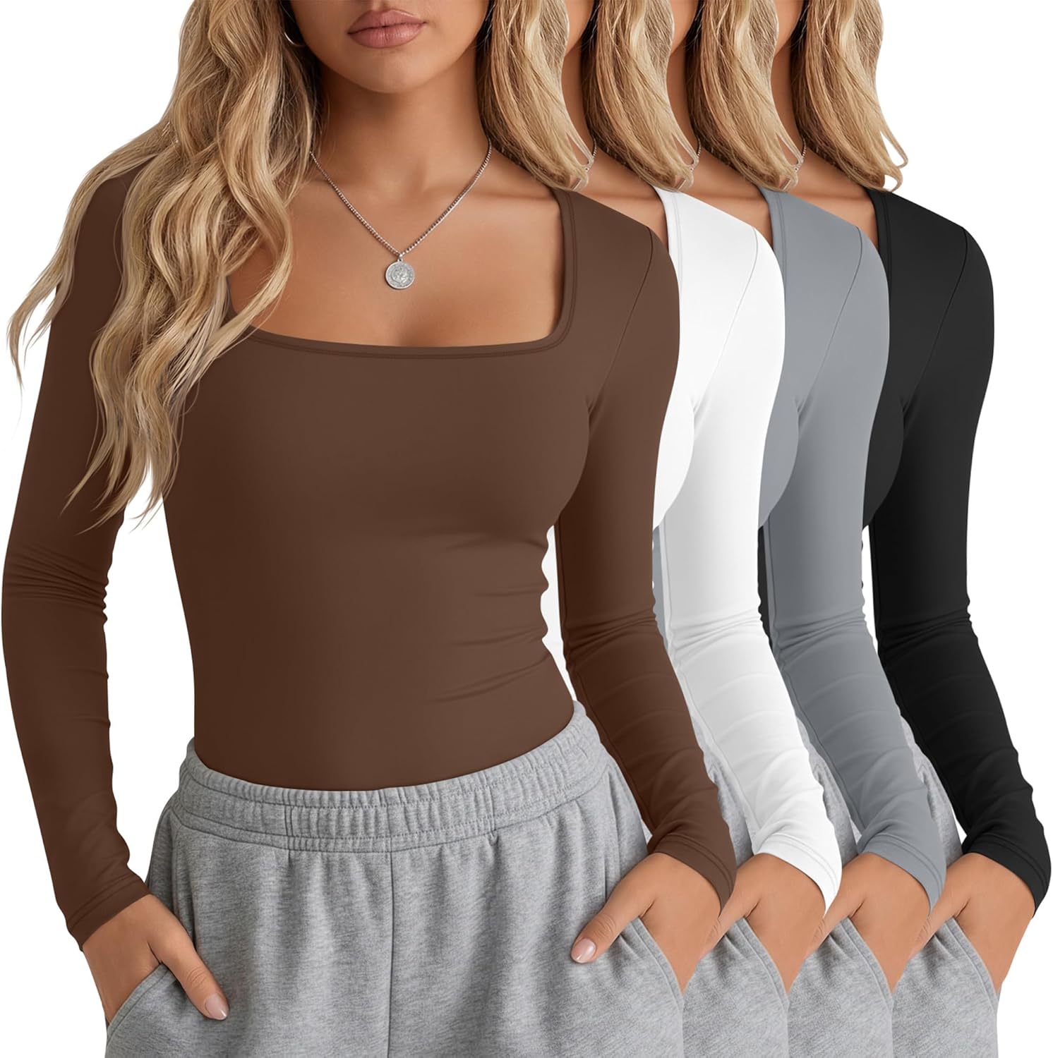 4 Pack Women's Workout Shirts Long Sleeve Compression Shirts Square Neck Slim Fit Undershirts Athletic Yoga Tops