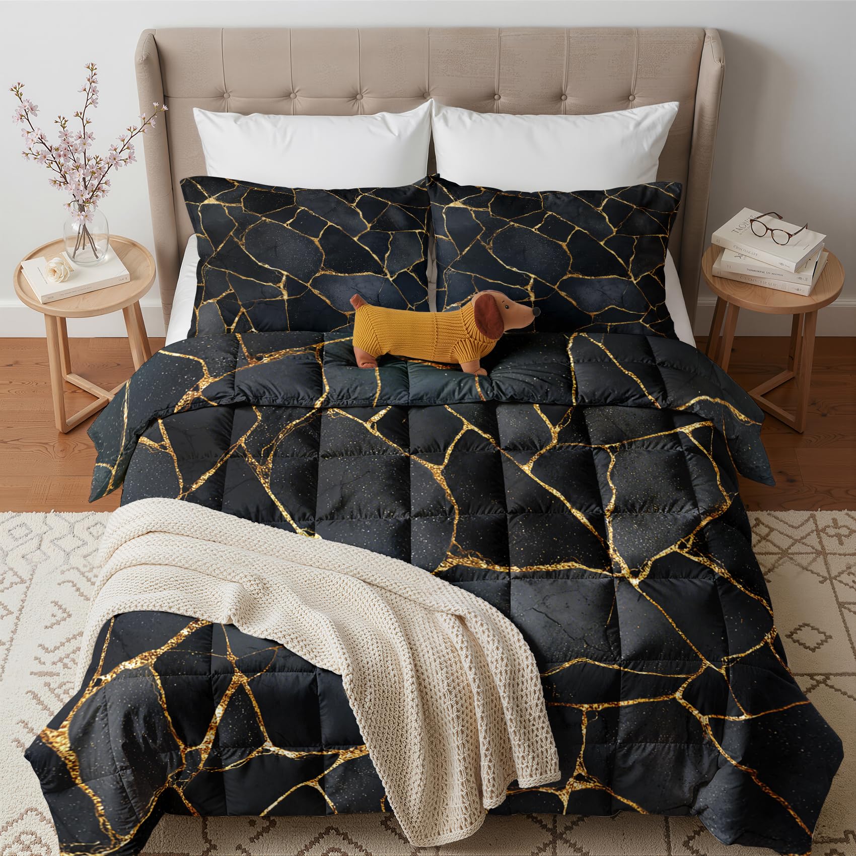 Couette 220x240 4 Saisons Noir et Or, Duvet 2 Personnes Douce Légère et Chaude, Couette Imprimée Réversible Marbre Moderne, Edredon avec 2 Taies d'oreiller
