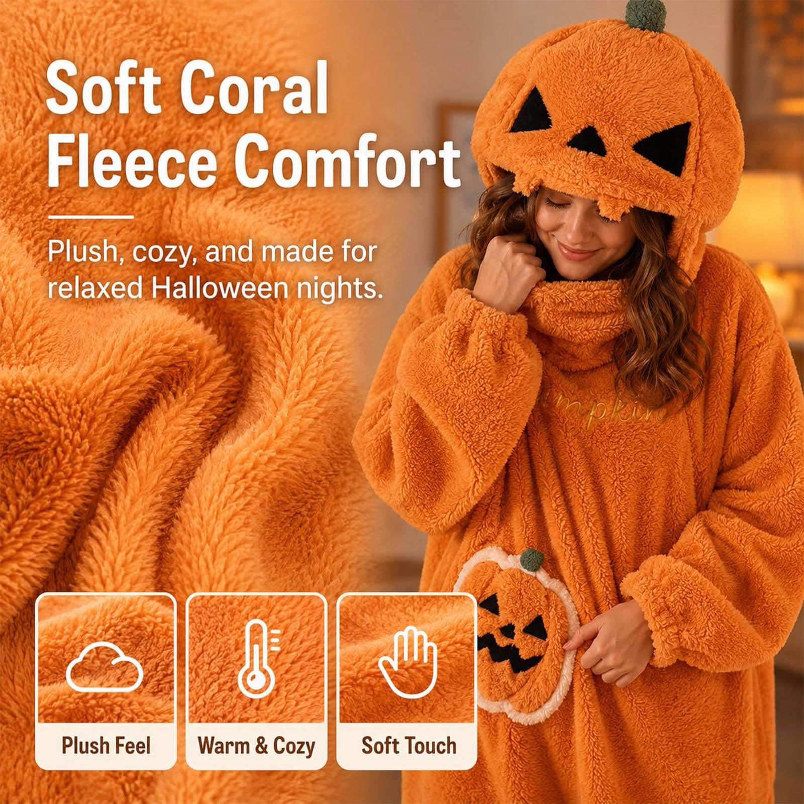 Genérico Mono Pijama de Calabaza Disfraz Halloween Costume Unisex Soft Comfortable Wearable Pijama de Felpa con Capucha para Hombre y Mujer, Ideal para Fiestas Disfrazadas y Noches de Pijamas