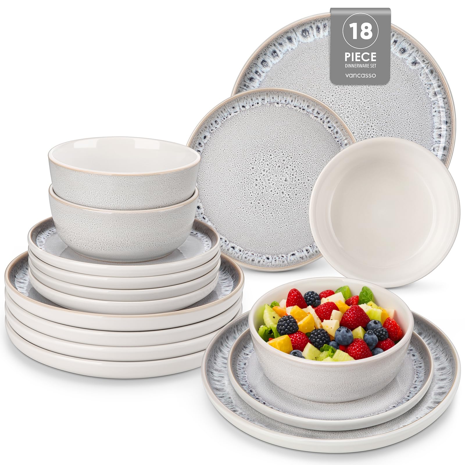 vancasso Crockery Sets for 6 People, 18-Piece Reactive Glaze Plates and Bowls Set, Mediterranean Style Dinnerware Set, Dishwasher & Microwave Safe Dinner Sets, Grey — image 1