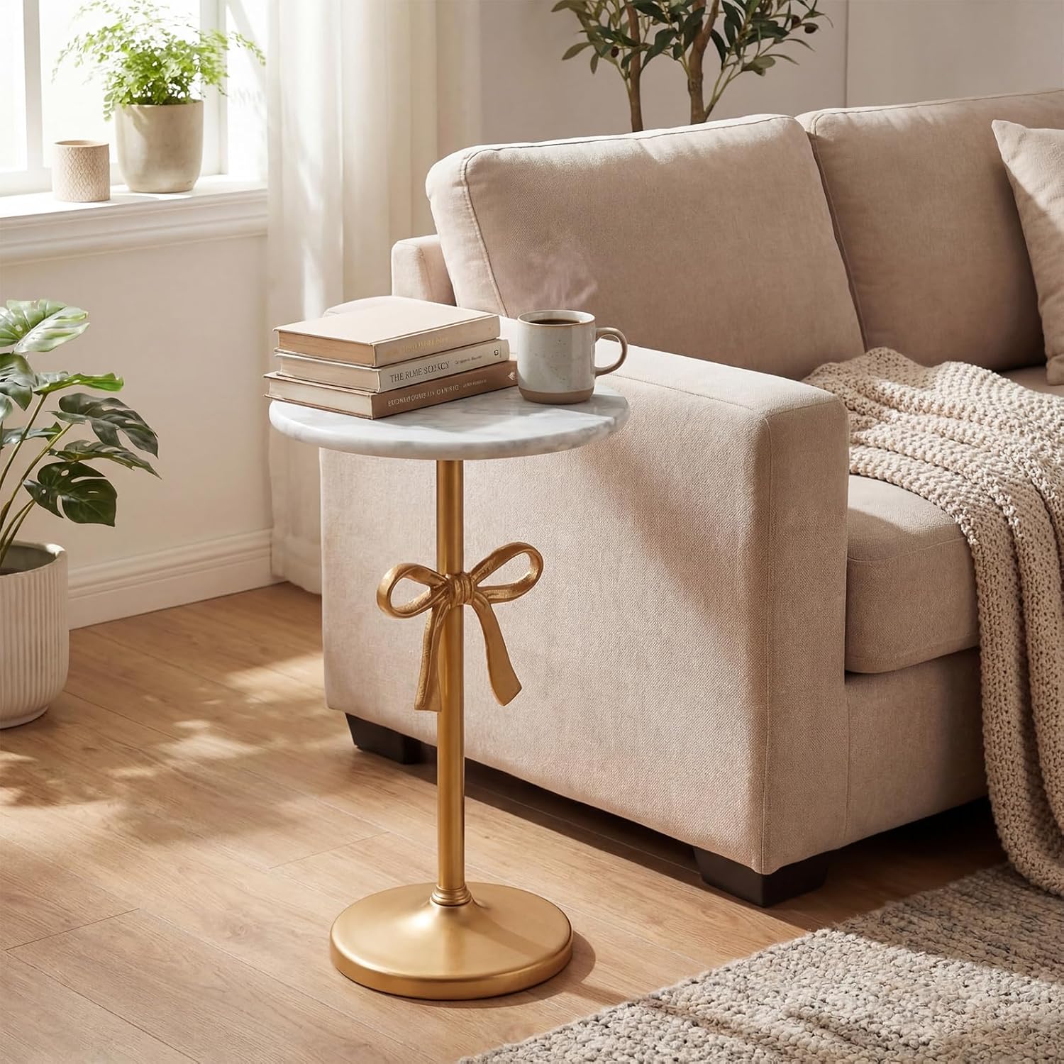 DoubleFill Gold Bow Marble Martini Drink Table 12 x 20.6 Inches Round Marble Top Pedestal Side Table Elegant Gold Bow Accent End Stand for Small Spaces Living Room Bedroom Corner Decor Beverage
