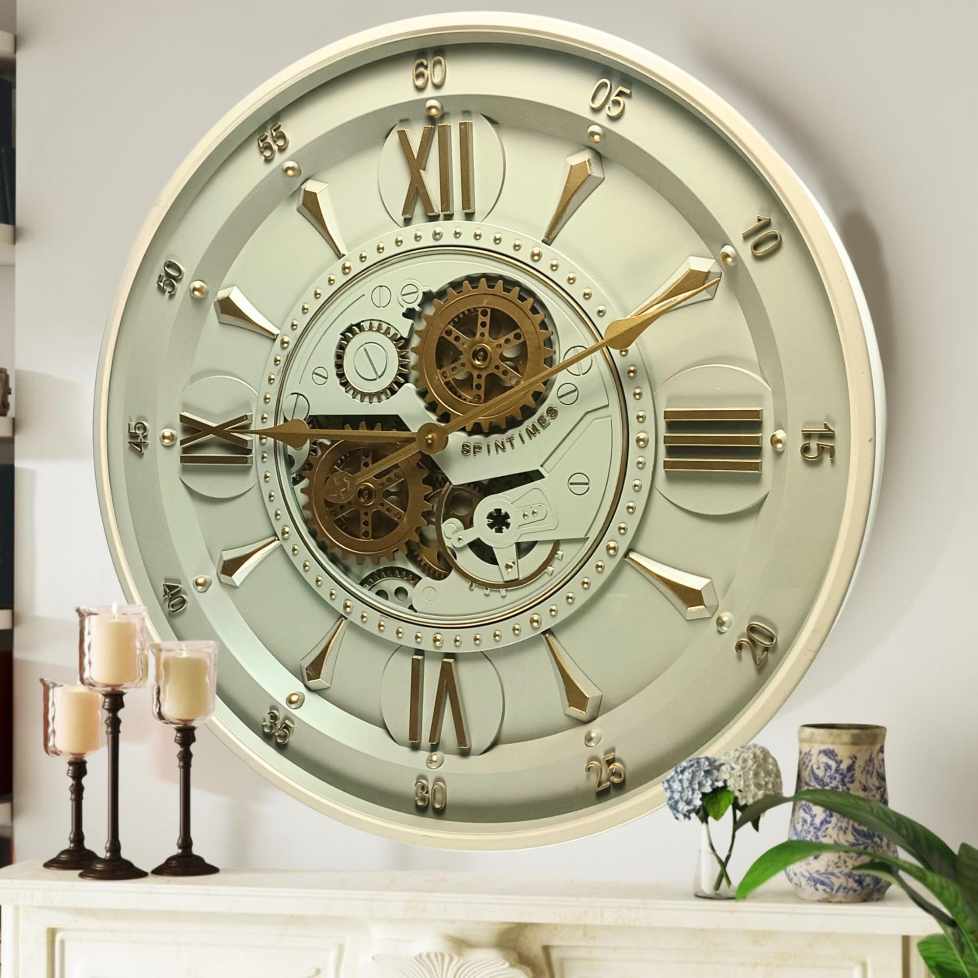 THE GEARS CLOCK 24'' Inch Real Moving Gear Wall Clock Ireland Line (Brass Light, 24 inches (59 cm))