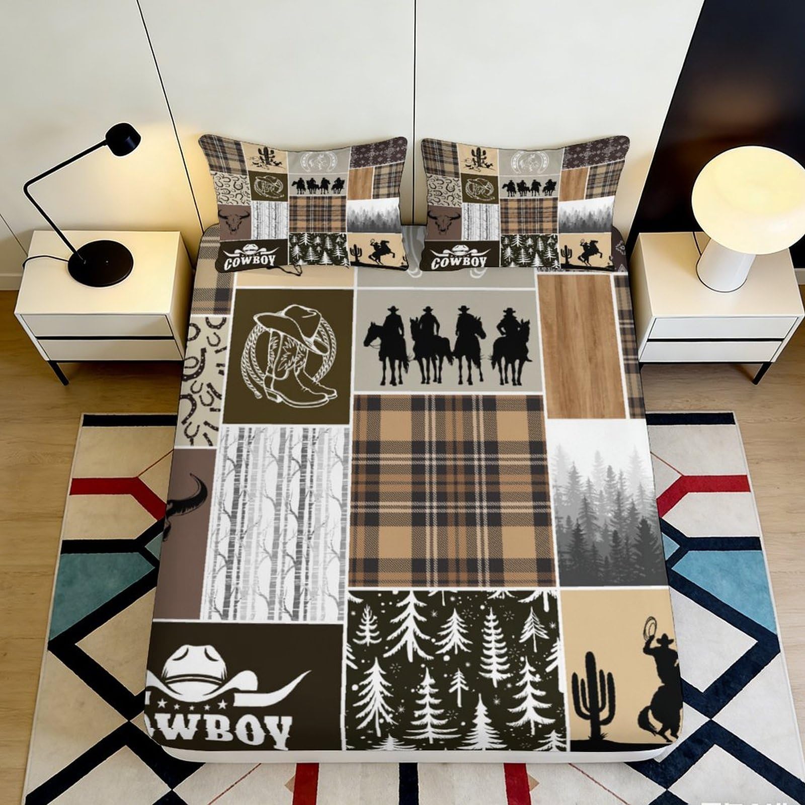 3D Printed Western Cowboy Fitted Sheet Microfiber Rustic Plaid Mattress Cover for Bedroom Lodge Cabin Decor 90x200x25cm