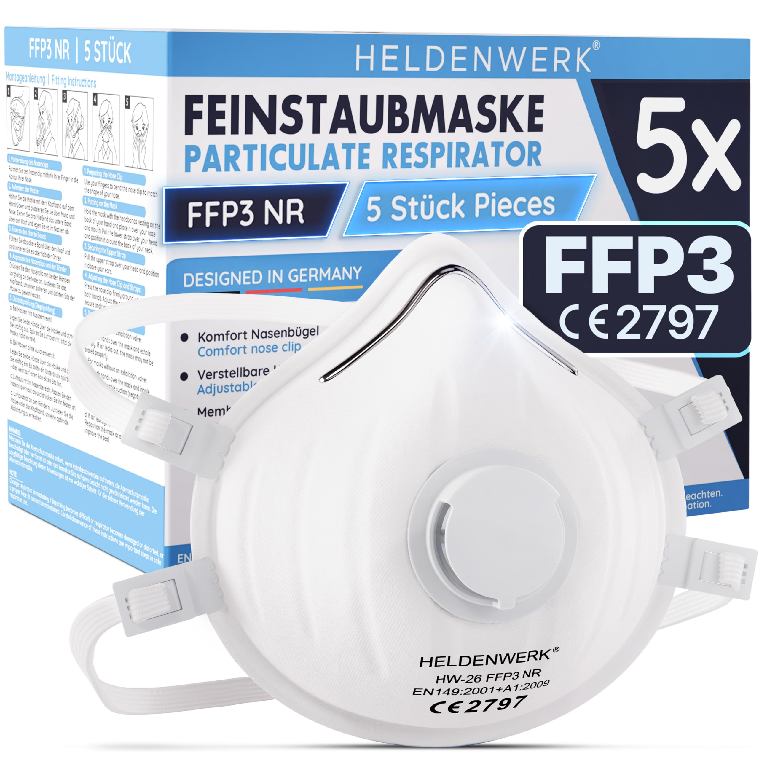 HELDENWERK® FFP3 Maske mit Ventil – 5er, 10er oder 20er Set – Atemschutzmaske/Staubschutzmaske zertifiziert Ausatemventil – Staubschutzmasken mit verstellbaren Hinterkopfband (5er Pack)