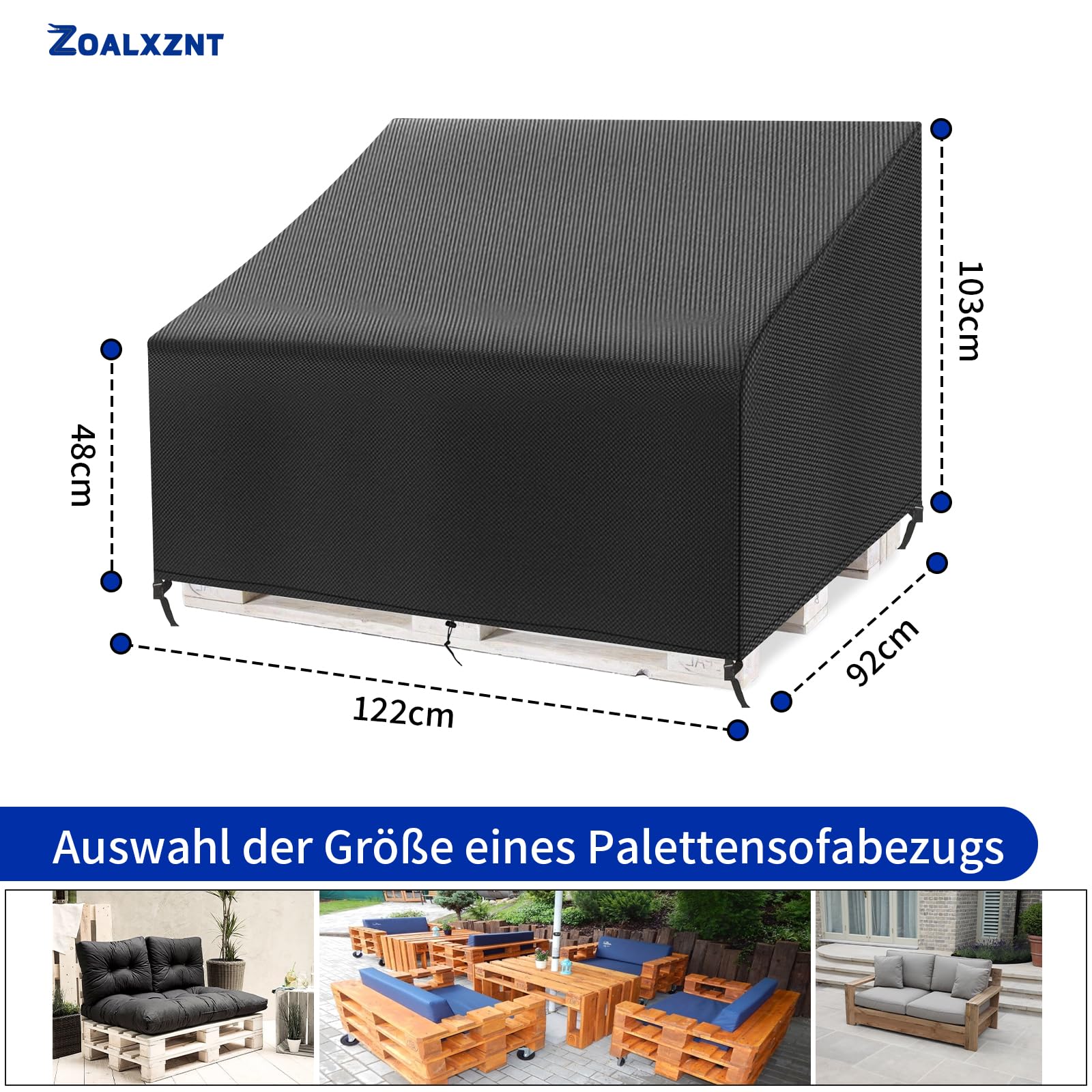 Palettensofa Abdeckung Wasserdicht，Schutzhülle für Palettenbank mit Kordelzug und Verstellbare Schnallen,Abdeckhauben für Paletten Sofa 420D Oxford-Stoff (122*92*48/103cm,Schwarz)