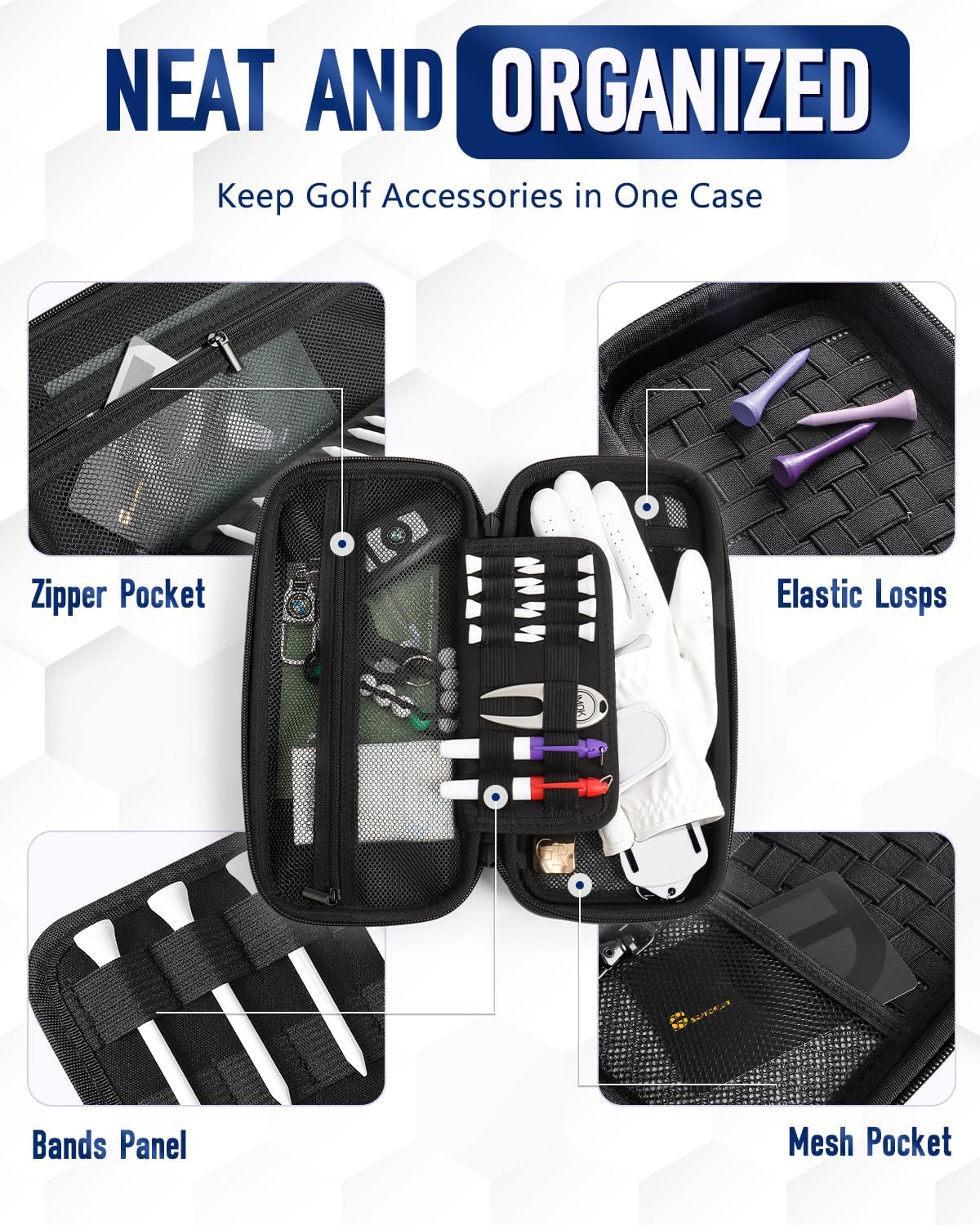 GLORIEROO Odor-Absorbing Golf Glove Holder Case for Men Women with Glove Shaper - Fits Golf Club Bag, Golf Organizer Storage for Phone, Tees, Divot Tool, Ball Markers, Golf Gifts for Men Women
