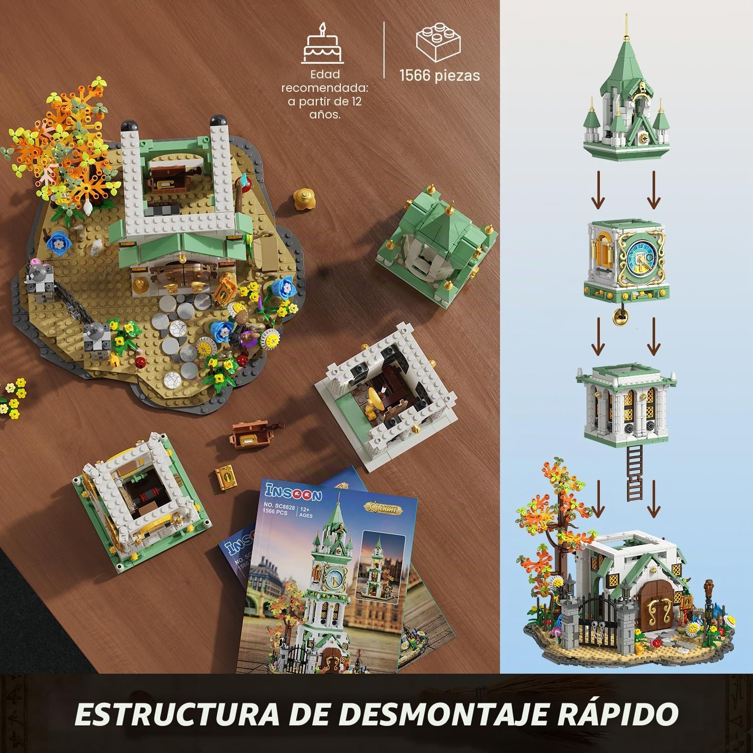 INSOON Campanario medieval casa kit de construcción con luz, 1550PCS flor castillo arquitectura edificio juguete con jardín botánico, regalo de cumpleaños para adultos niños niños niñas 8-12+