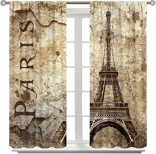 Miniatura 8 de Cortinas de la Torre Eiffel con letras de París y famosos monumentos en la pared desgastada para dormitorio, sala de estar, cortinas decorativas, 2
