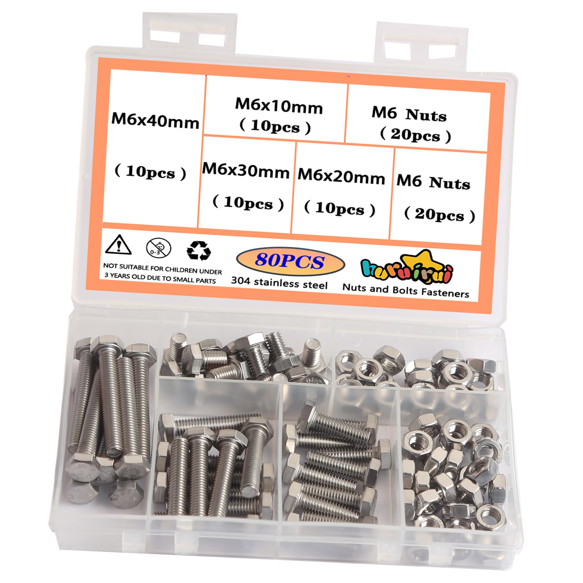 M6 Nuts and Bolts-304 Stainless Steel Screws and Nuts Set - Rustproof, Full Assortment of Hex Bolts Set for Durable and Perfect for Indoor and Outdoor Use 80PCS