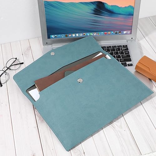 Miniatura 7 de Carpeta de archivos, organizador de archivos de piel sintética, A4, impermeable, maletín de negocios, maletín de almacenamiento azul con cierre