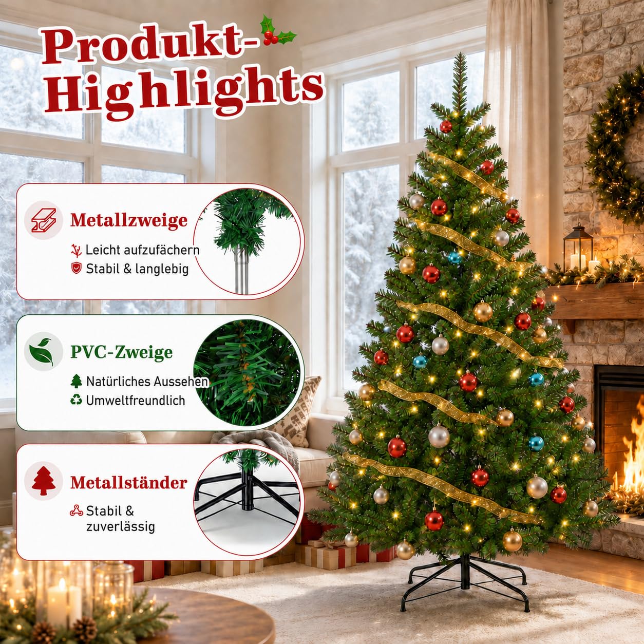 Sapin de Noël artificiel 180 cm, 150 LED et 650 pointes