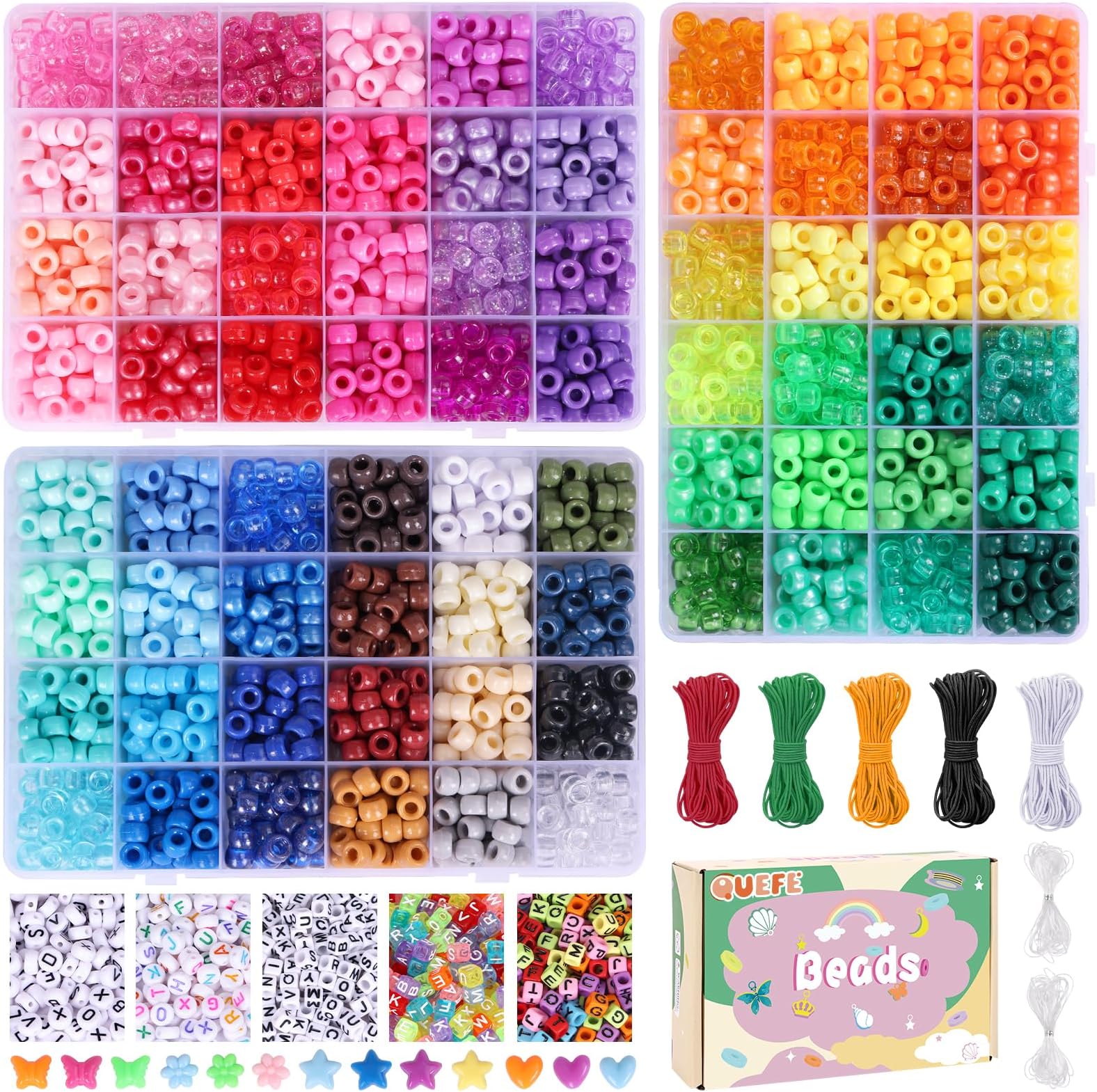 QUEFE 72 Colors Pony Beads for Bracelets Making Kit, 4700pcs Rainbow Kandi Bead, 9mm Pony Beads and Letter Beads, Alphabet Beads for Bracelets Jewelry Making with Elastic Threads