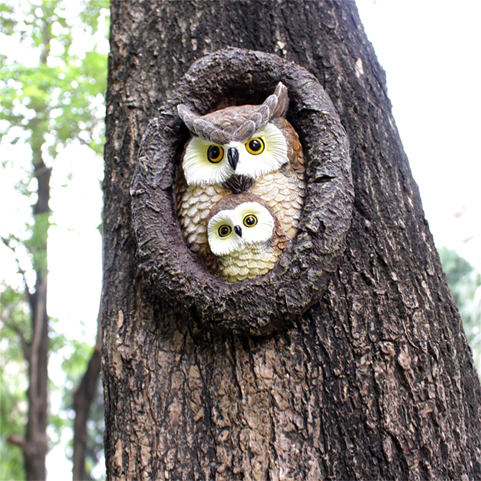Statue da giardino a forma di gufo, decorazione per esterni, gufo finto mamma e bambino esca per spaventare gli uccelli, decorazione per il viso dell'albero in resina, scultura da giardino