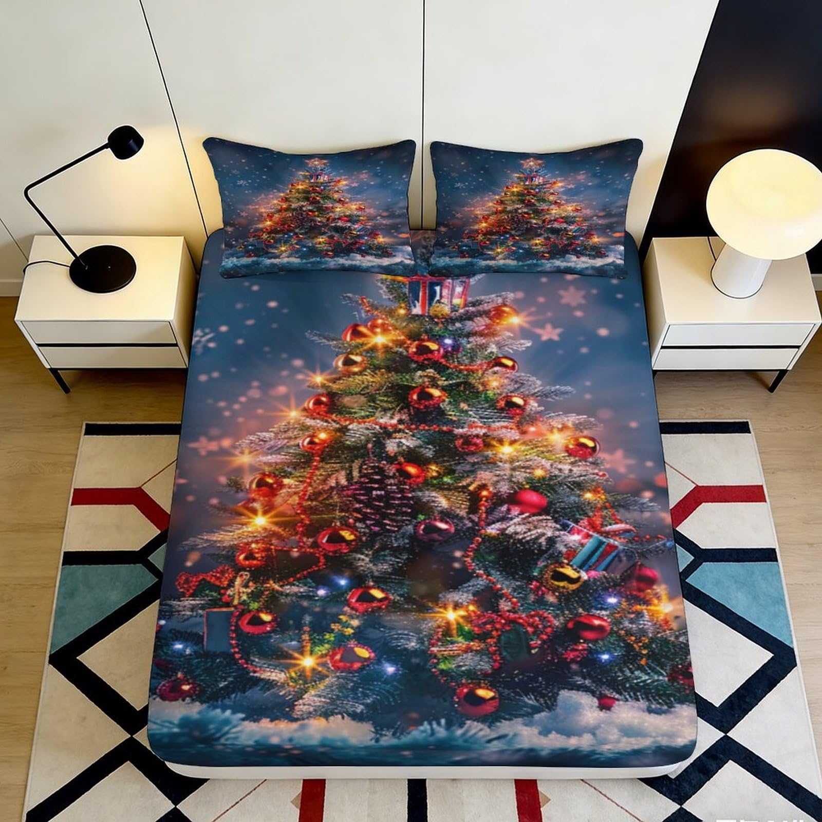 3D Printed Christmas Tree Fitted Sheet Microfiber Soft Mattress Cover with Festive Lights for Bedroom Guest Room 90x200x25cm