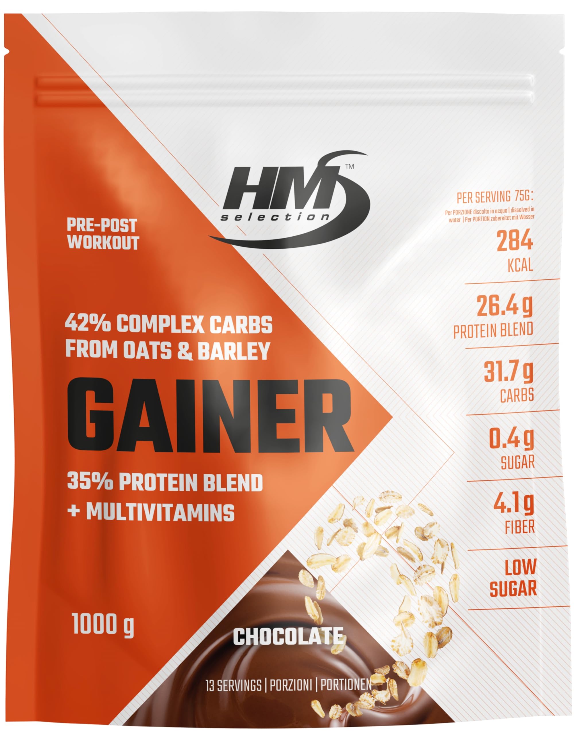 GAINER - 1000g Cioccolato • 35% Proteine con farina d'avena e d'orzo istantanea