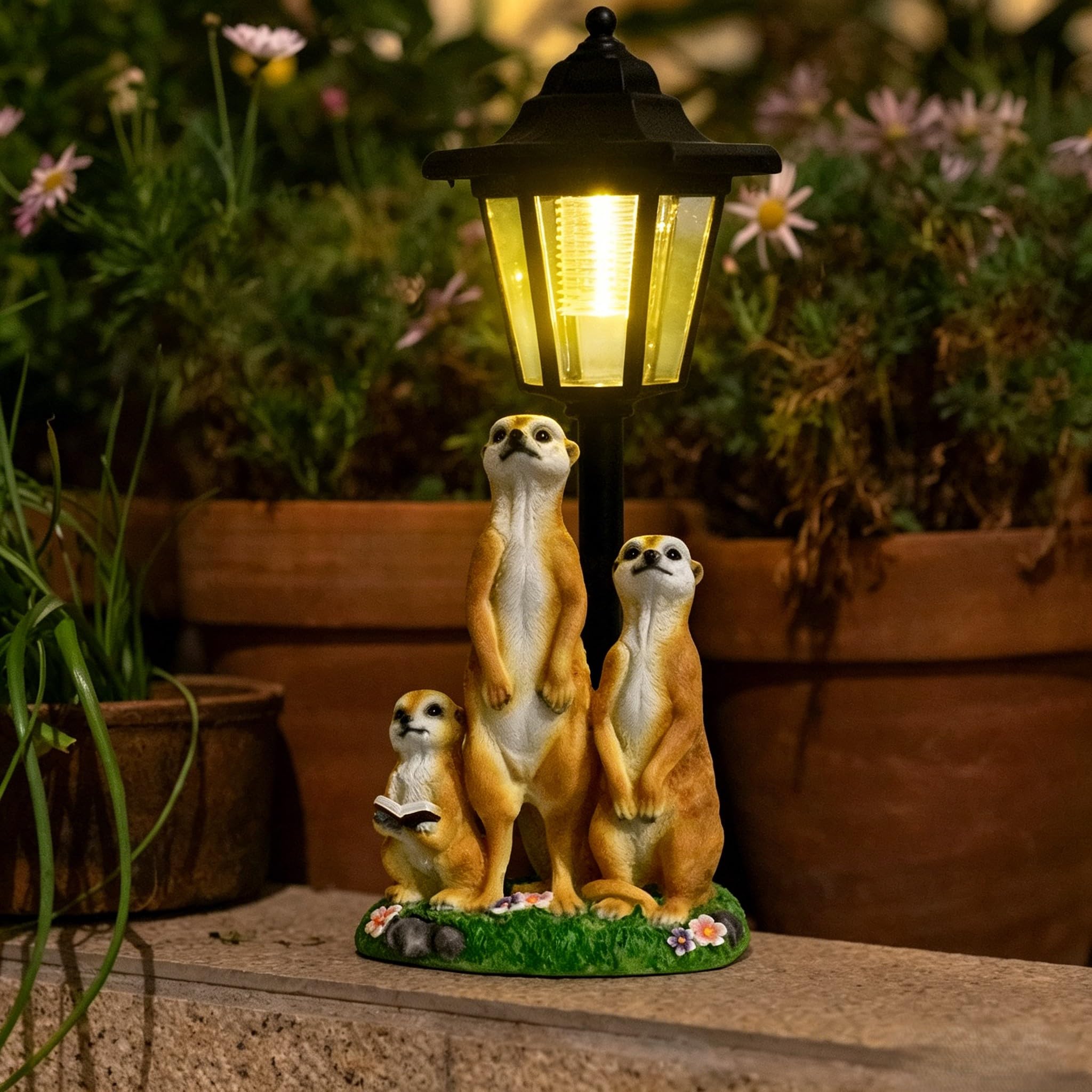 Statue solaire de jardin suricate avec lanterne solaire en résine