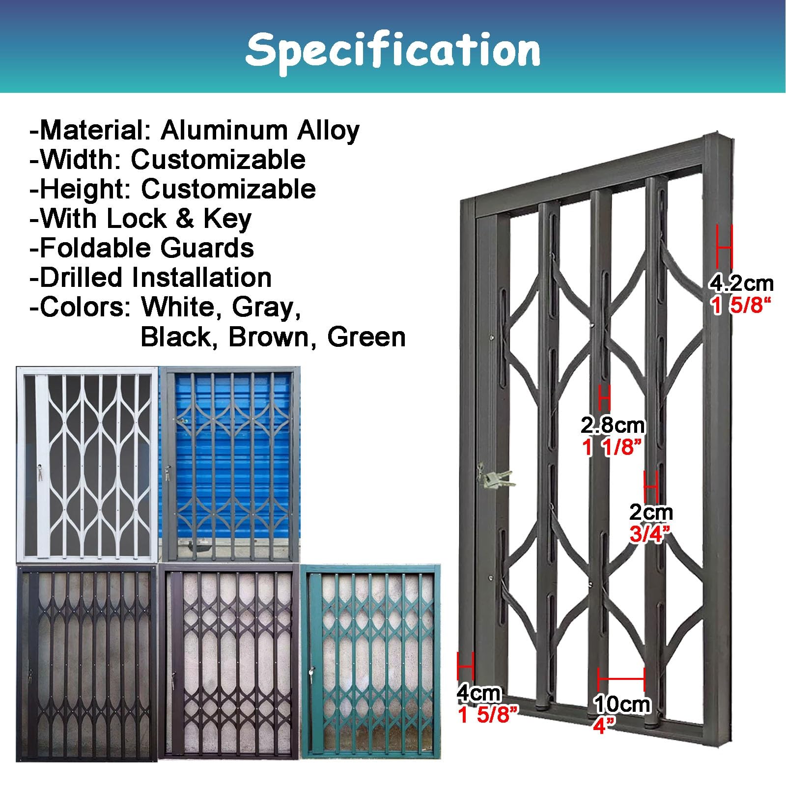 Barras Seguridad Antirrobo Marrones Extra Grandes Puertas/ventanas Con Cerradura | Barrera Seguridad Ventanas Salientes Interior/exterior, Barandilla Plegable Antirrobo(100x120cm/40x48in)