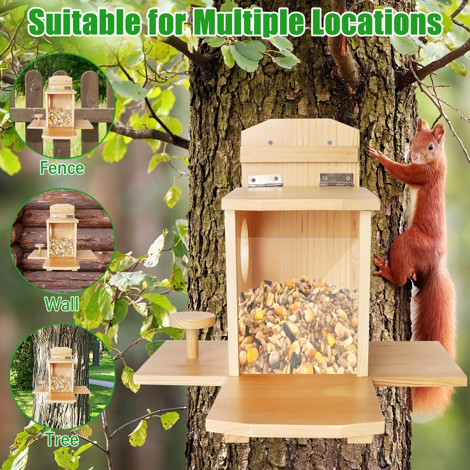 Suewidfay Wooden Squirrel Feeder with Lift-Up Lid and Desk - Waterproof Durable for Outdoor Garden Outside Backyard - Image 4
