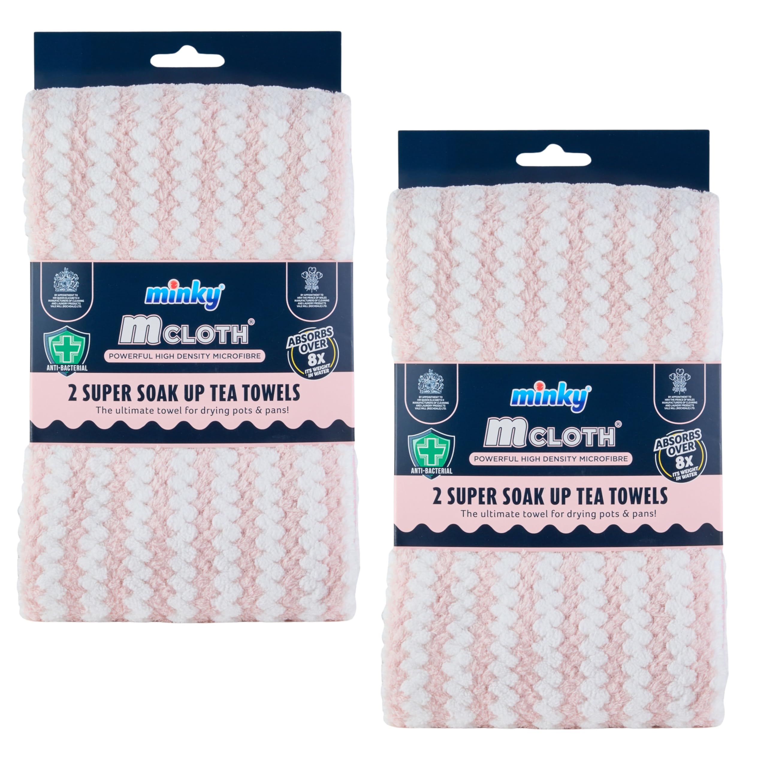 Minky Super Soak Up Tea Towels Pink Pack of 4, Ultra-Absorbent, Powerful High-Density Microfibre, Anti-Bacterial Formulation, Hanging Tag For Easy Storage, Machine Washable