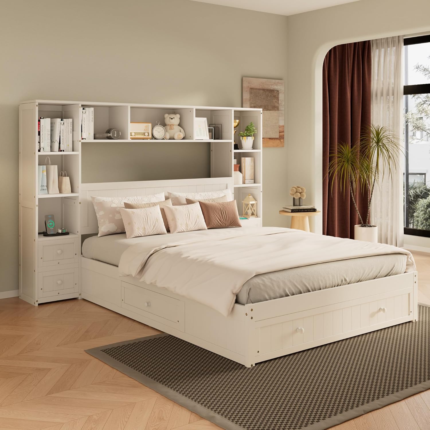 Queen Bed Frame with All-In-One 2 Nightstand, Storage Shelf and Cabinet Bookcase, Wood Platform Bed Frame Queen Size with 2 Charging Stations, Multi-Functional Captain Bedframe with Drawers, White