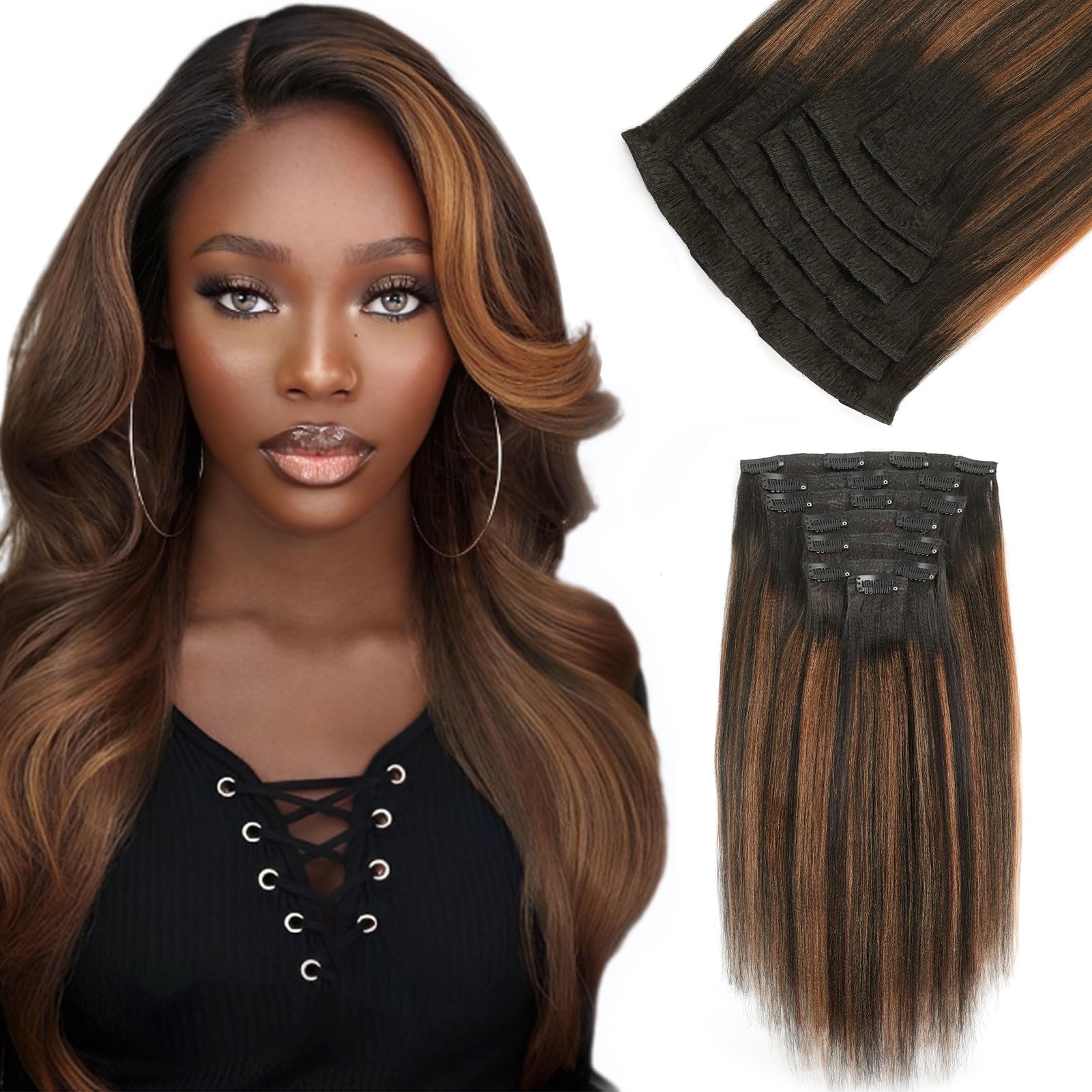 Yuniffe Yaki Straight Clip in Hair Extensions for Black Women Real Human Hair Clip ins Rooted Black Fading to Natural Black #1B Mixed With Auburn #30 Double Weft Remy Yaki Hair 20 Inch 7Pcs 120g