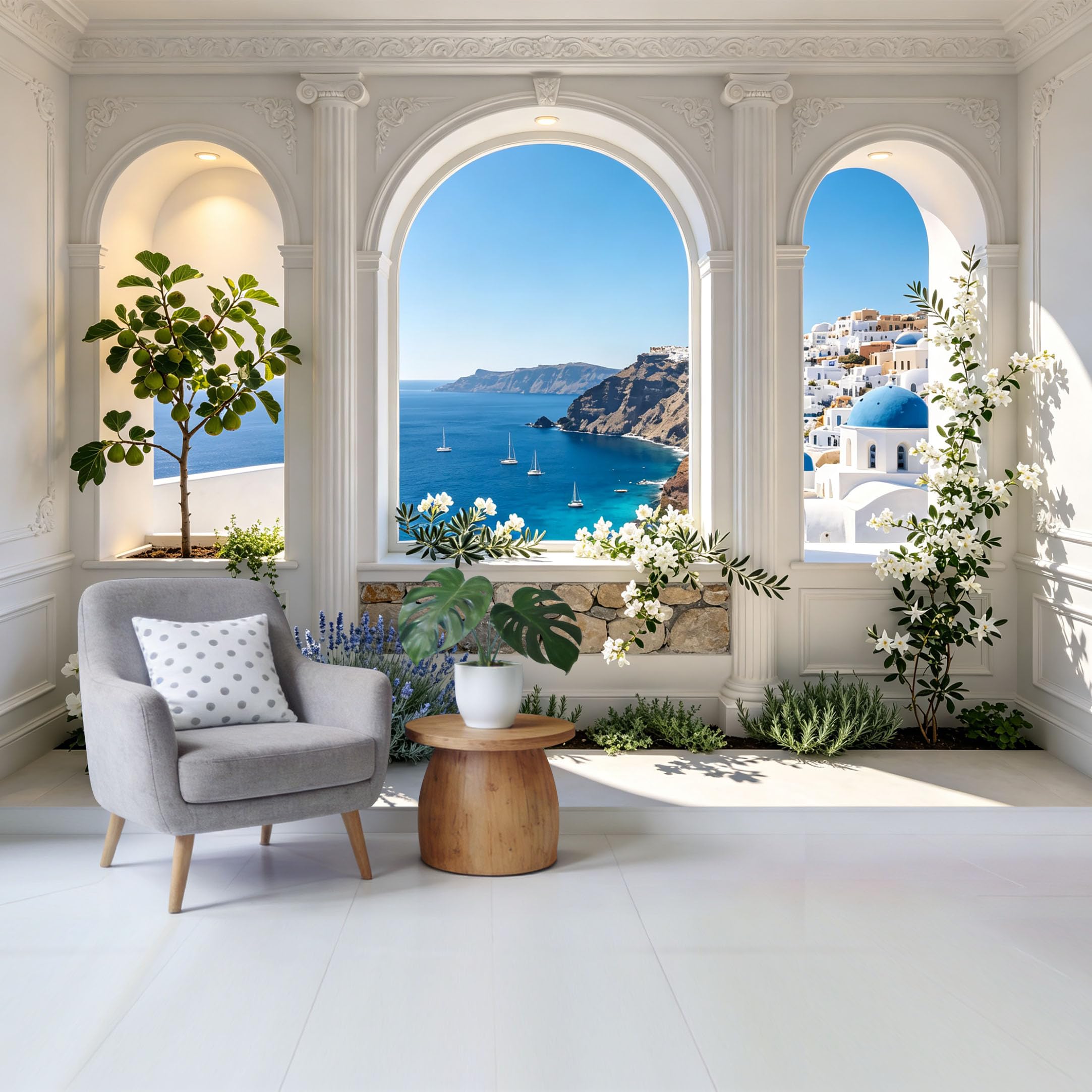Removable Self Adhesive Fabric Mural， 3D Mediterranean Coastal Architecture Custom Size Wall Covering， UV Protected Waterproof Washable Wall Decor for Living Room Bedroom Bathroom
