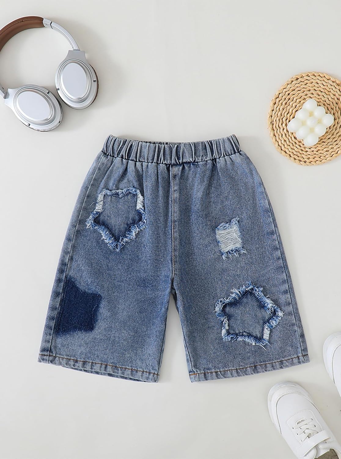 Hilinker Girls Denim Shorts Star Patch Elastic Waist Ripped Jean Shorts with Pocket Summer Clothes - Image 3