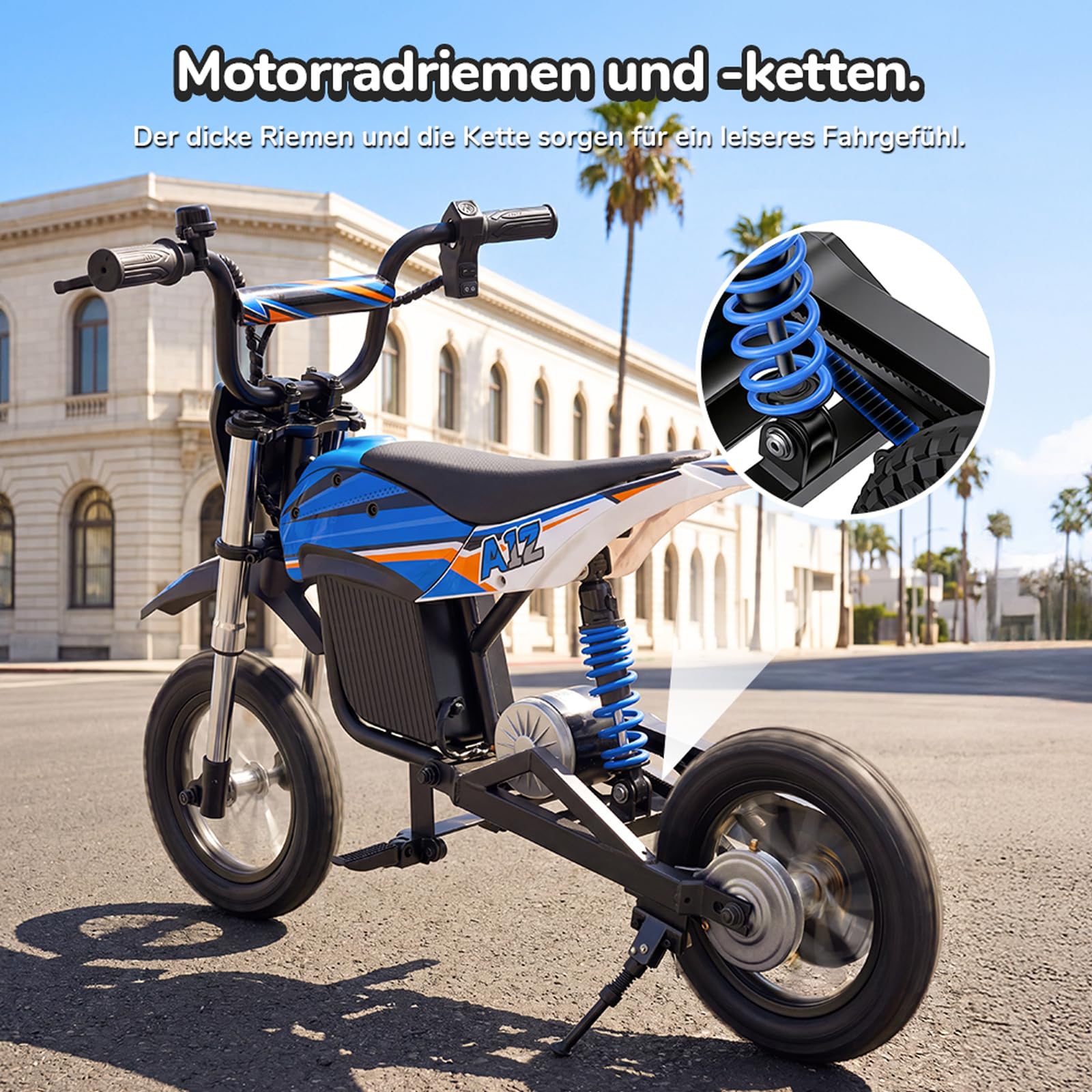 A12 Elektro Motorrad für Kinder ab 110cm Körpergröße 3–12-Jährige (Blau) | Elektromotorrad mit 350W Motor, 3 Geschwindigkeitsmodus, 20KM Max Reichweite, 12 Zoll Luftreifen,LED,doppelte Stoßdämpfung