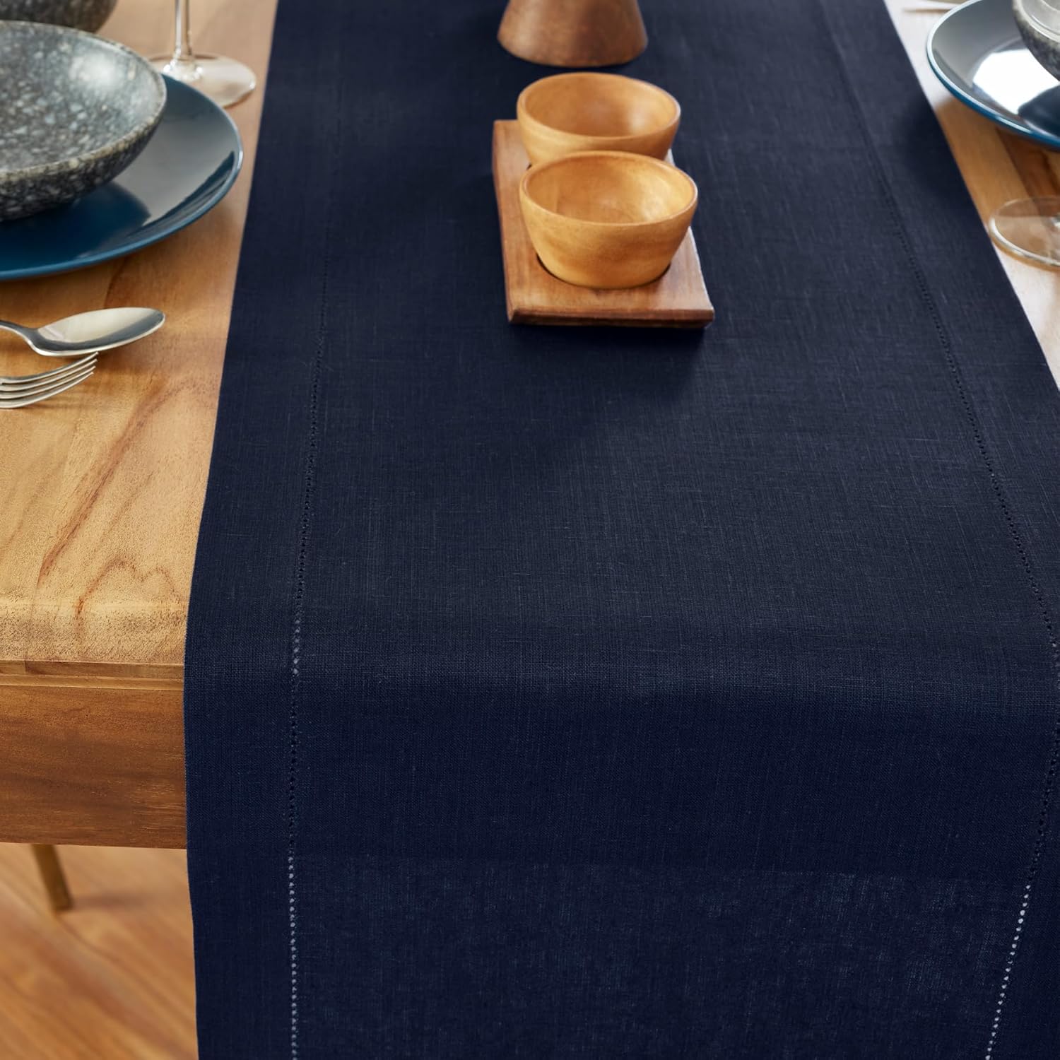 Solino Home Linen Table Runner 90 Inches Long - 100% Pure Linen Navy Blue Table Runner 14 x 90 Inch for Mothers Day, Memorial Day - Medium Weight Hemstitch