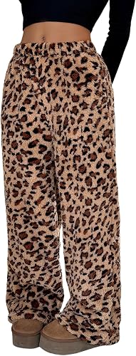 MakeMeChic Women's Fuzzy Pajama Pants Leopard Cheetah Print Teddy Cute Lounge Pa
