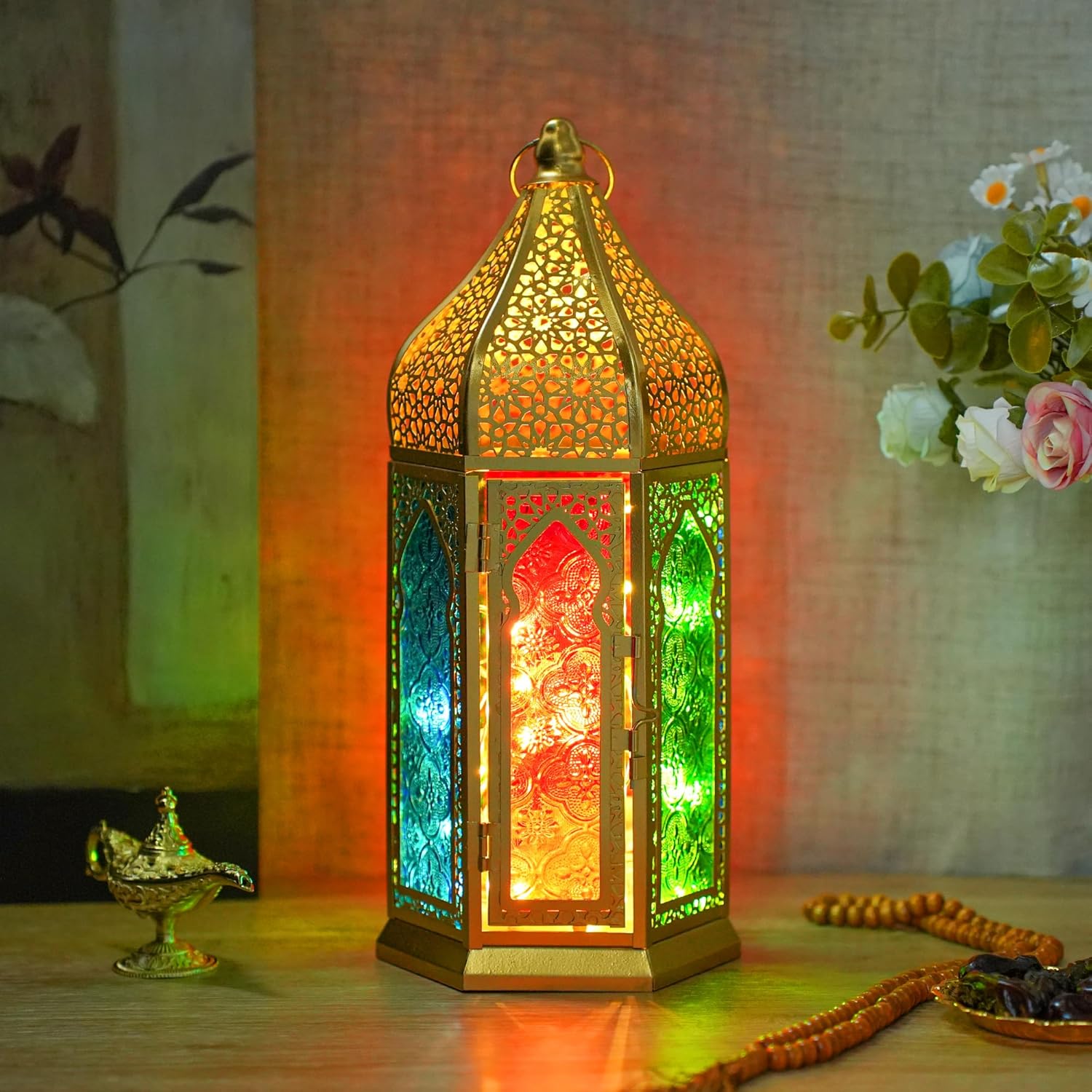 TRIROCKS Moroccan Lantern – 12'' Gold Hexagonal Candle Lantern with Tempered Glass & Hollow-Out Design, Decorative Indoor Outdoor Ramadan Lantern for Garden Yard Patio Wedding Parties Events