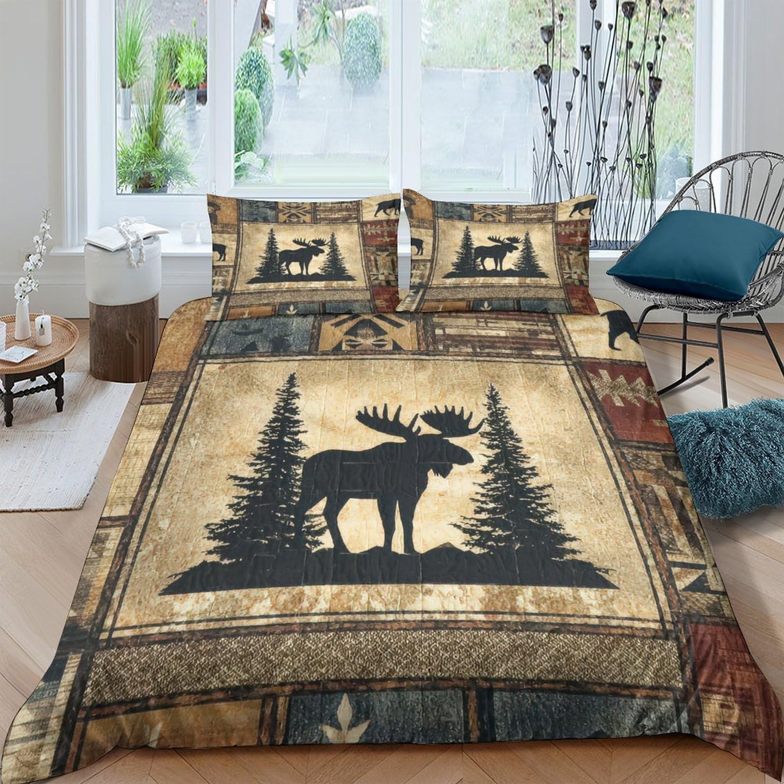 Ctjqhvkz Style-3 3D Printed Moose Forest Fitted Sheet Microfiber Soft Rustic Woodland Bed Cover For Bedroom Guest Room Decor Single（135X200cm）