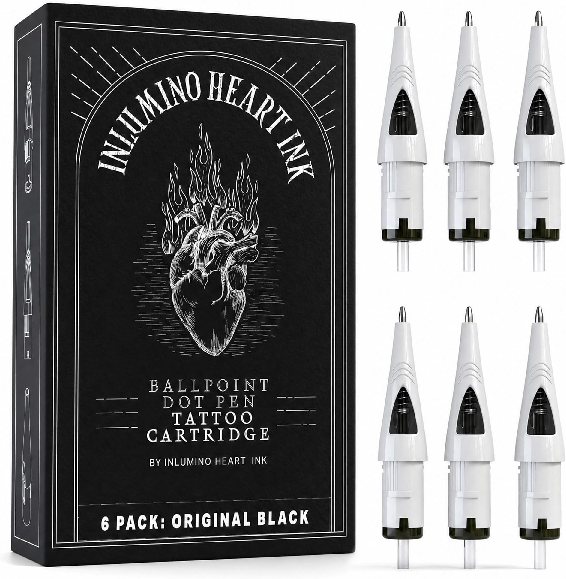 Inlumino Heart Ink Ballpoint Pen Cartridges – Original Black Ink (6-Pack) – Tattoo Practice Cartridges for Rotary Tattoo Machines – Oil-Based Ink for Creating Flash Art – Fake Skin Alternative