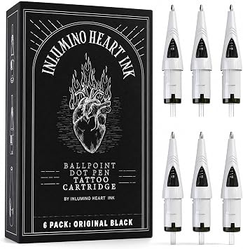 Inlumino Heart Ink Ballpoint Pen Tattoo Cartridge for Tattoo Practice 0.5mm Original Black Ink Tattoo Cartridge 6pcs for Beginners to Learn Tattoo Method - Ink Dot Pen Cartridge