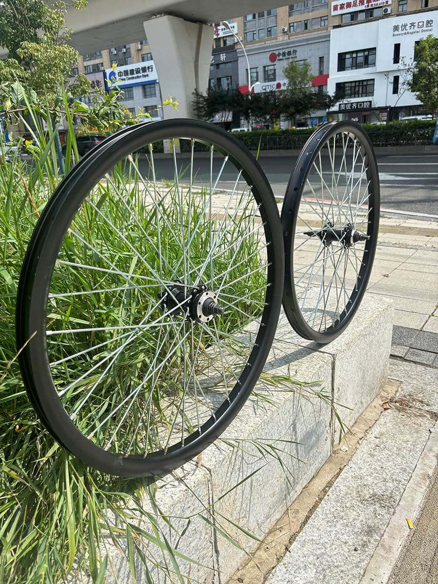 26 inch Heavy Duty Bicycle Wheels 10 Gauge 36 Spoke Wheelset with 22T Single Speed Flywheel, Double Wall Aluminum Alloy Bike Wheel Set Rims (Front and Rear)